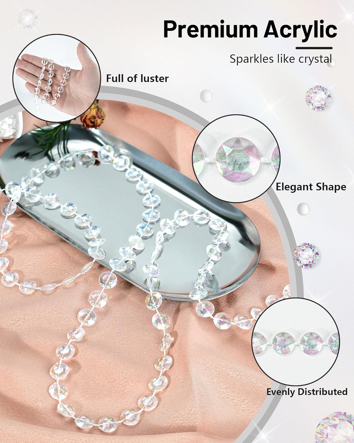 99FT Acrylic Crystal Garland, Iridescent Shimmer Diamond-Shaped Crystal Bead Strands, DIY Crystal Beads String Roll for Wedding Decorations Party Decorations Beaded Curtain Crafting Projects