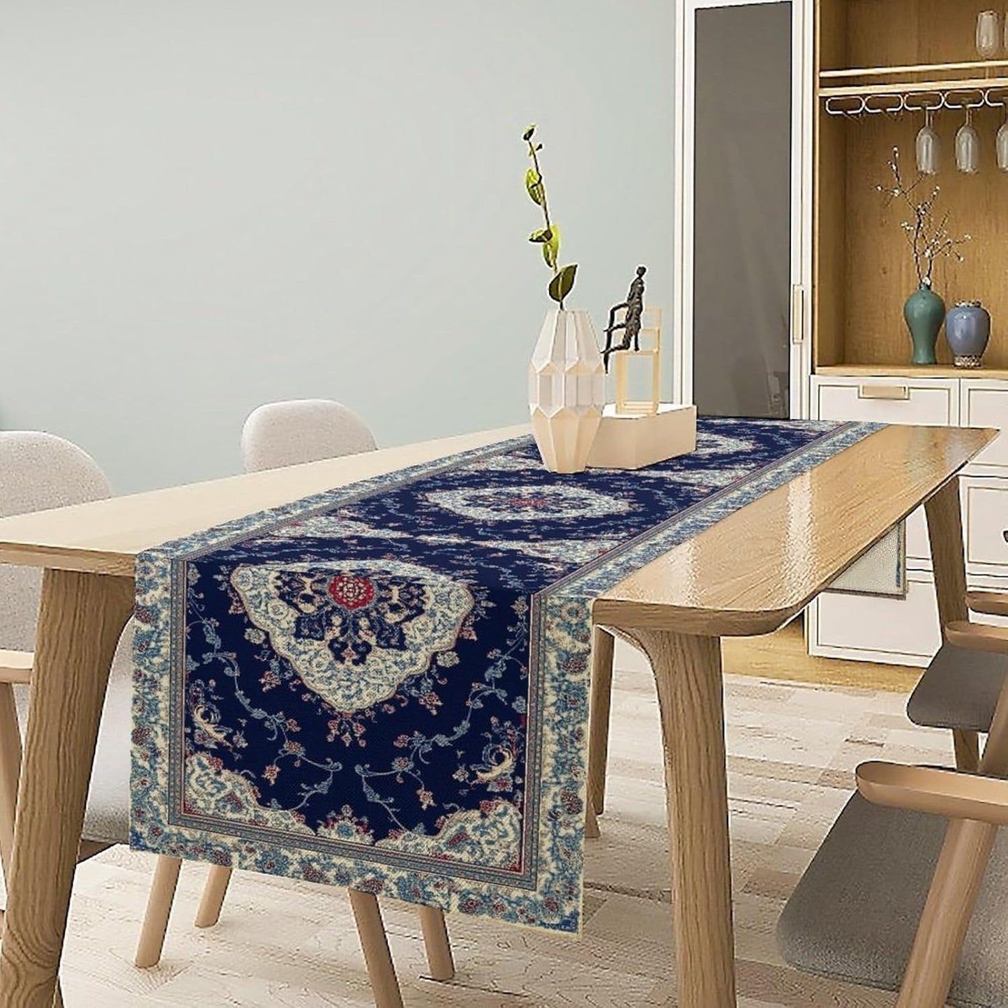 Elegant Palace Boho Blue Table Runner Vintage French Style Farmhouse Geometric Home Farmhouse Kitchen Table Dining Coffee Room Garden Party Wedding Decor 13x60in