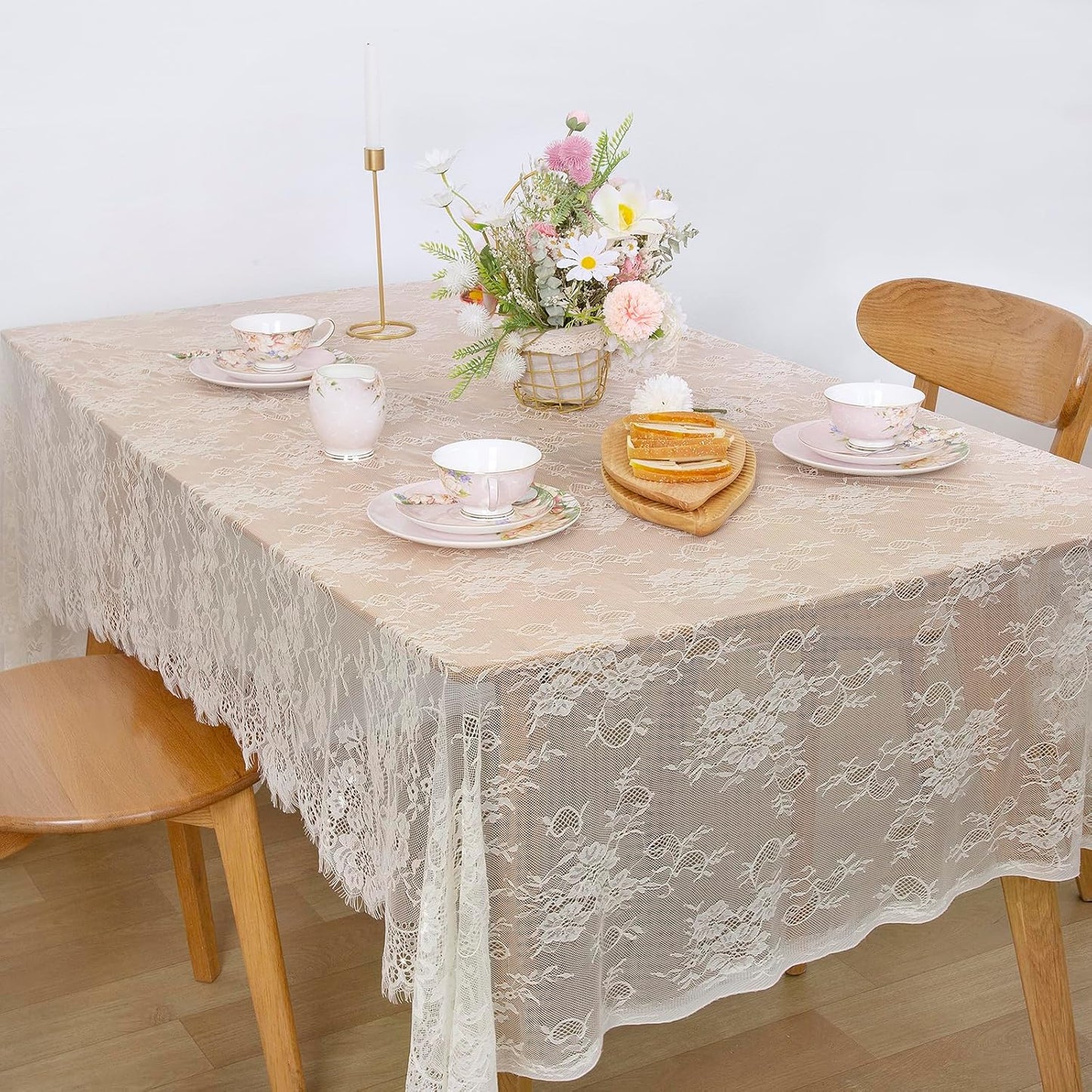 LuoluoHouse Set of 2 Ivory Lace Tablecloths Rectangle Chic Wedding Embroidered Tablecloth 60x120 inch Decorative Tablecloth for Farmhouse Party Birthday Kitchen Table Linens