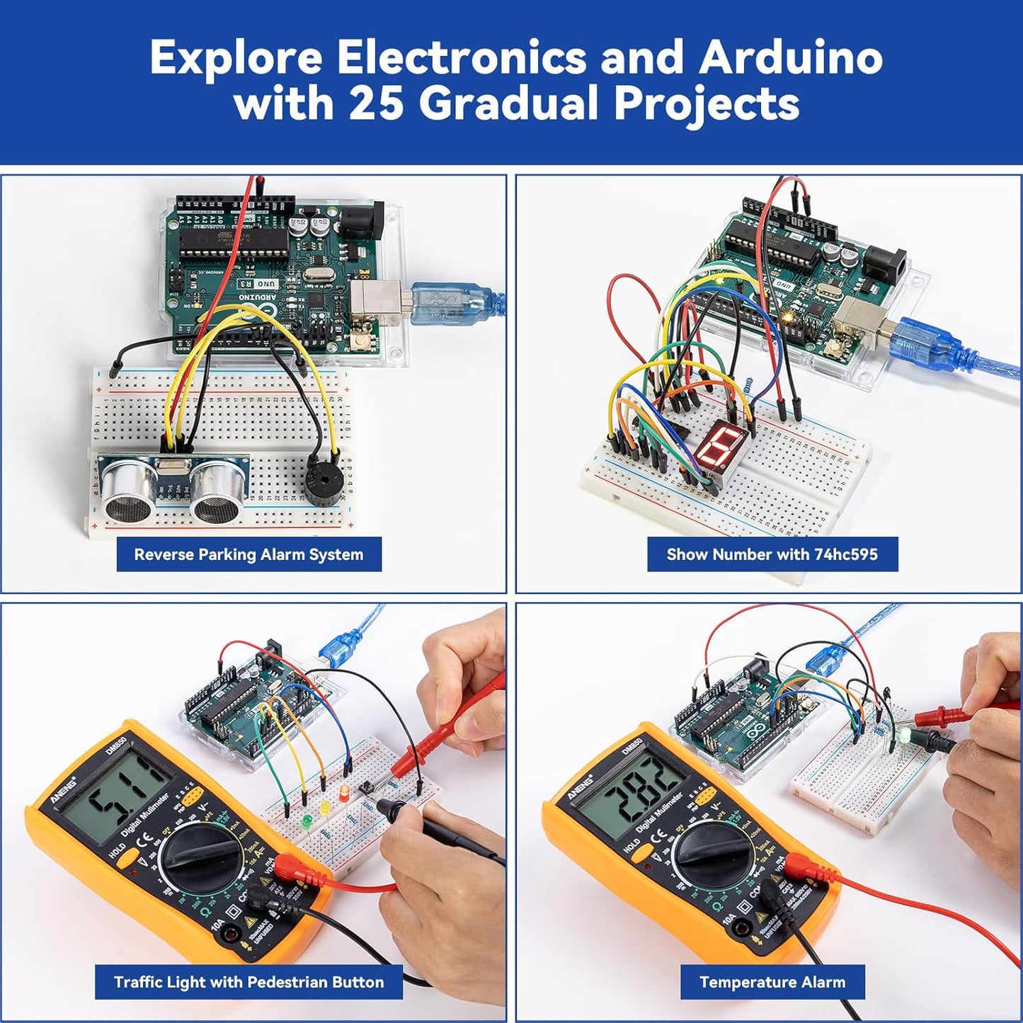 SunFounder Beginner's Lab Starter Kit with Original Arduino Uno R3 REV3 Board Multimeter Basic to Advance 25 Projects HCSR-04 Sensor Button Temp LED Microcontroller Programming