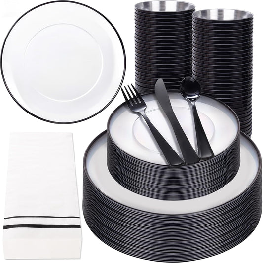 NOCCUR 350PCS Clear and Black Plastic Plates - Disposable Dinnerware Set for 50 Guests Include 100 Dinner/Dessert Plates,150 Black Cutlery,50 Cups&50 Napkins Ideal for Party, Birthday, Halloween