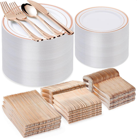 600PCS Rose Gold Plastic Plate Set (100 Guests), Plastic Plates for Party Wedding Birthday, Disposable Dinnerware Set of 200 Plates, 200 Forks, 100 Spoons, 100 Knives for Christmas