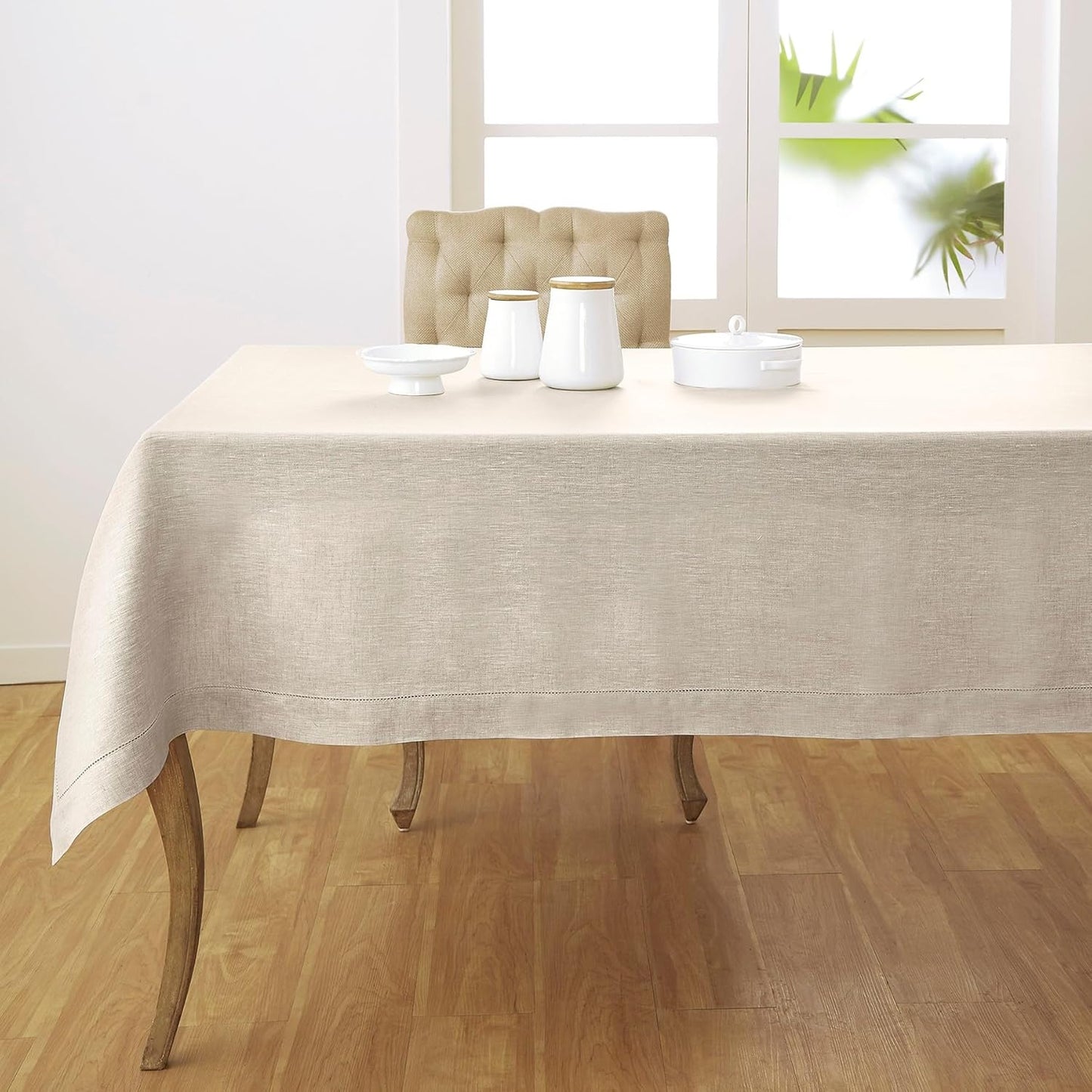 Solino Home Light Natural Linen Tablecloth 60 x 132 Inch - Classic Hemstitch, 100% Pure Linen Rectangular Tablecloth - Machine Washable Table Cloth for Fall, Autumn, Thanksgiving, Christmas, Holiday
