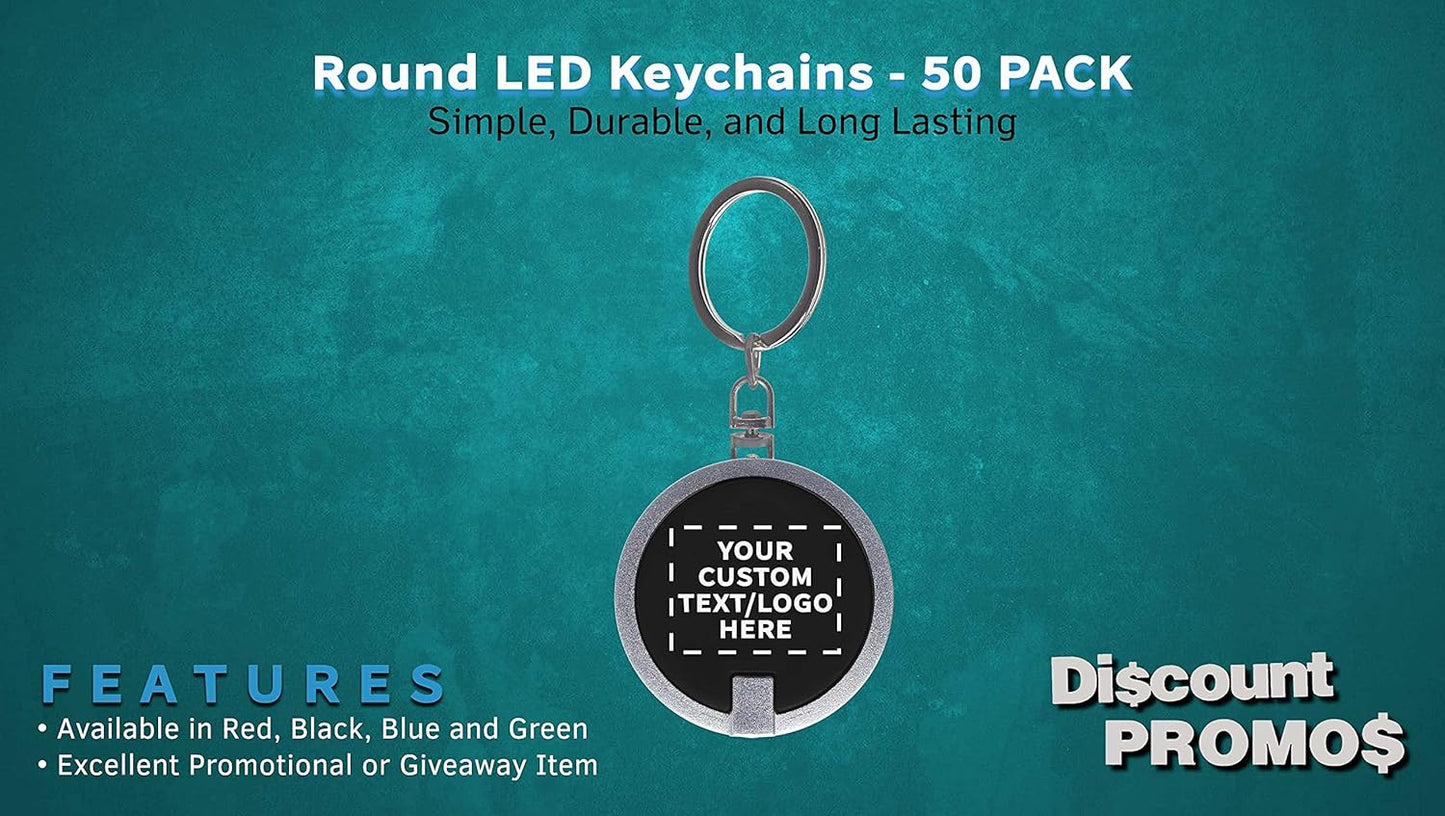 DISCOUNT PROMOS 50 Round LED Keychains - Customizable Text, Logo - Battery included, Plastic - Black