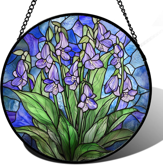 Stained Glass Suncatcher, Blue Purple Flowers Green Leaves Sun Catcher Plants Stain Glass Window Hanging Decoration Mother's Day Birthday Gifts for Women Men Mom and Nana 9.8 in