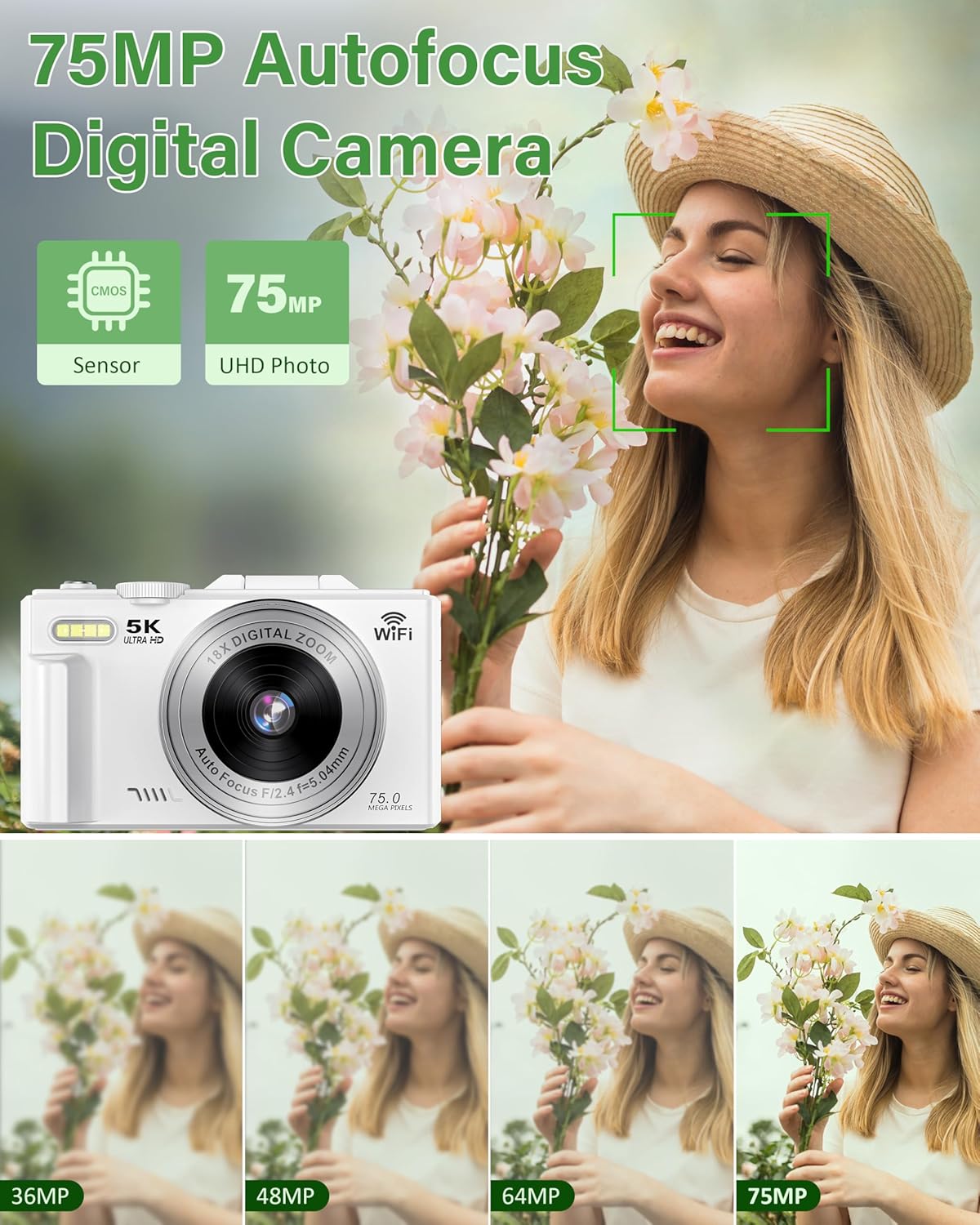 5K Digital Camera for Photography, 75MP WiFi Vlogging Camera for YouTube with 3" 180° Flip Screen, 18X Zoom UHD Autofocus Video Camara with 32GB SD Card