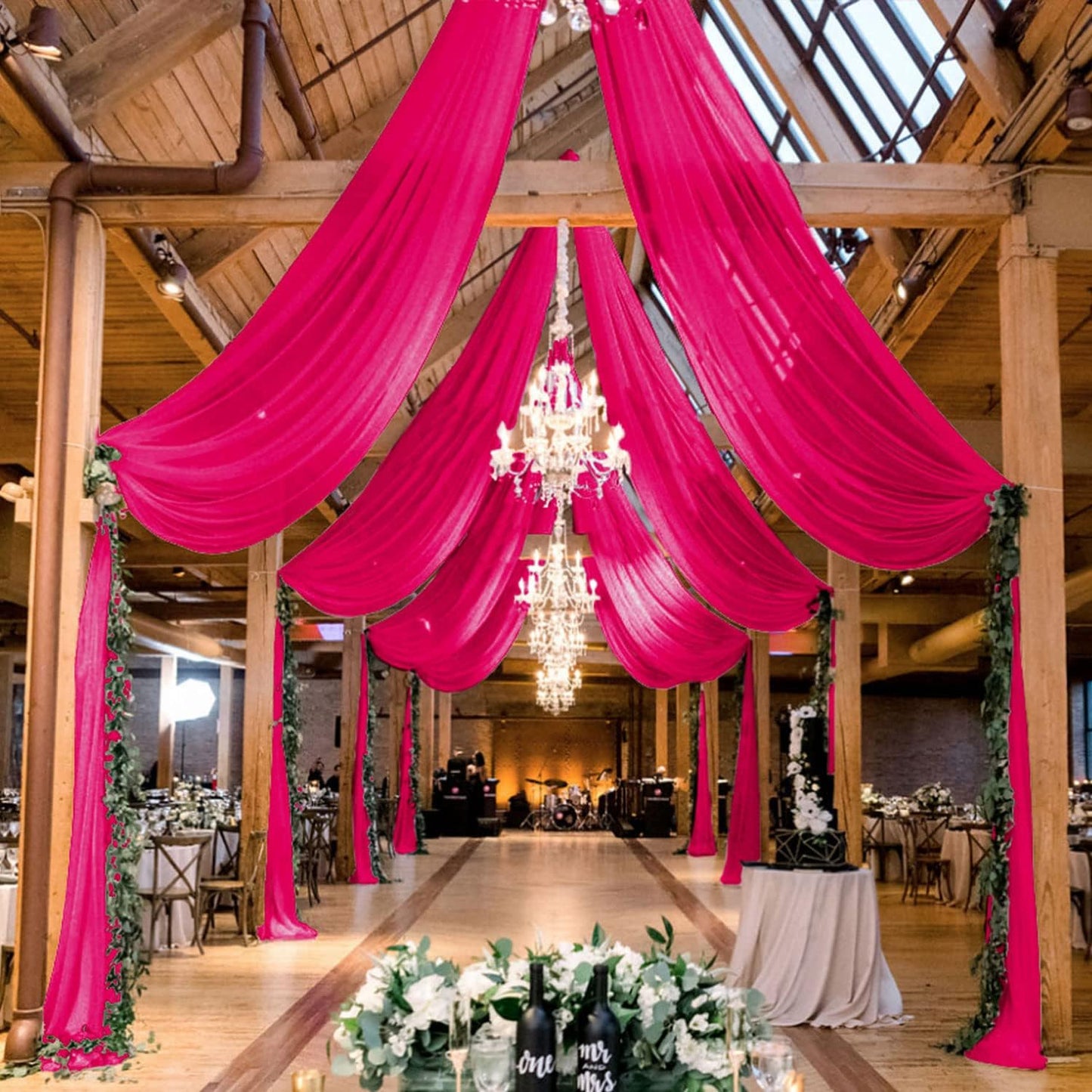 MODFUNS Wedding Ceiling Drapes Hot Pink Ceiling Drapery 5x20ft 2 Panels Sheer Arch Drapery Chiffon Curtain Drapes Tulle Ceiling Fabric Draping Fabric Party Stage Prom Ceremony Decor