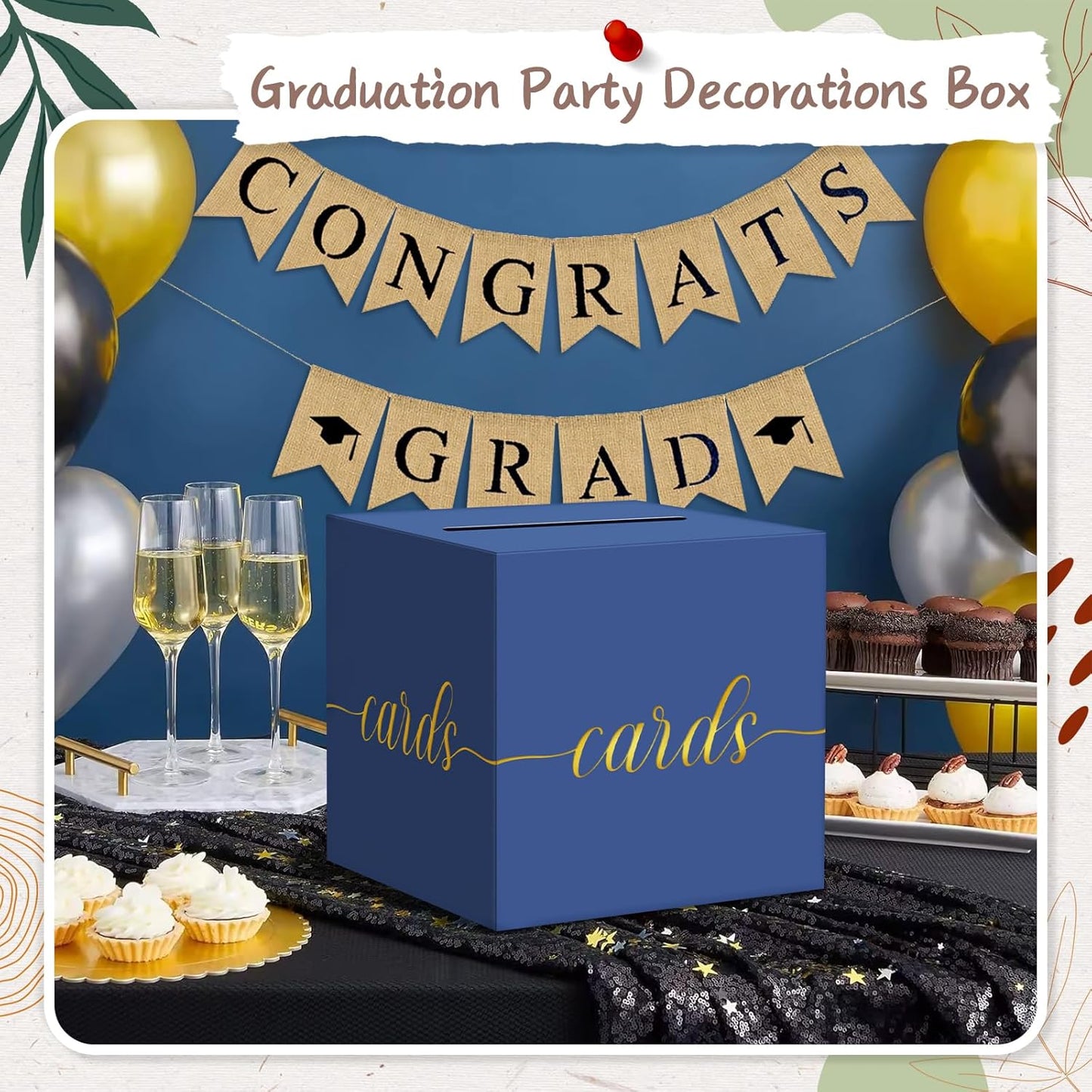 QIKSION Navy Blue Graduation Card Box, Gold Foil Gift Card Box for Graduation, Party, Wedding Reception, Birthday, Baby Shower, Raffle