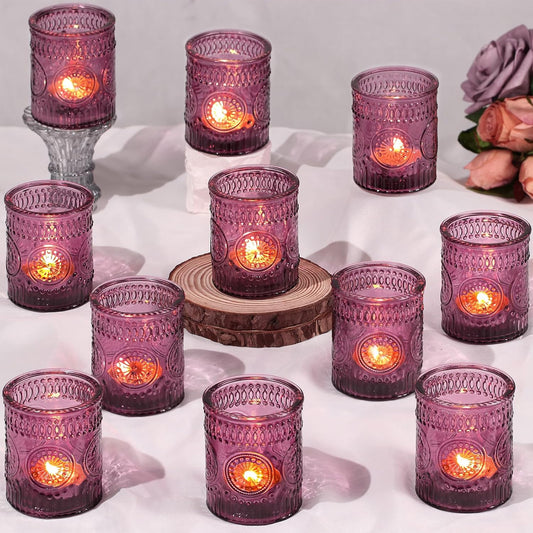 DARJEN Purple Votive Candle Holders Set of 36- Glass Tea Light Candles for Purple Candles, Embossed Candle Votives for Wedding Table Centerpiece, Party & Home Decor