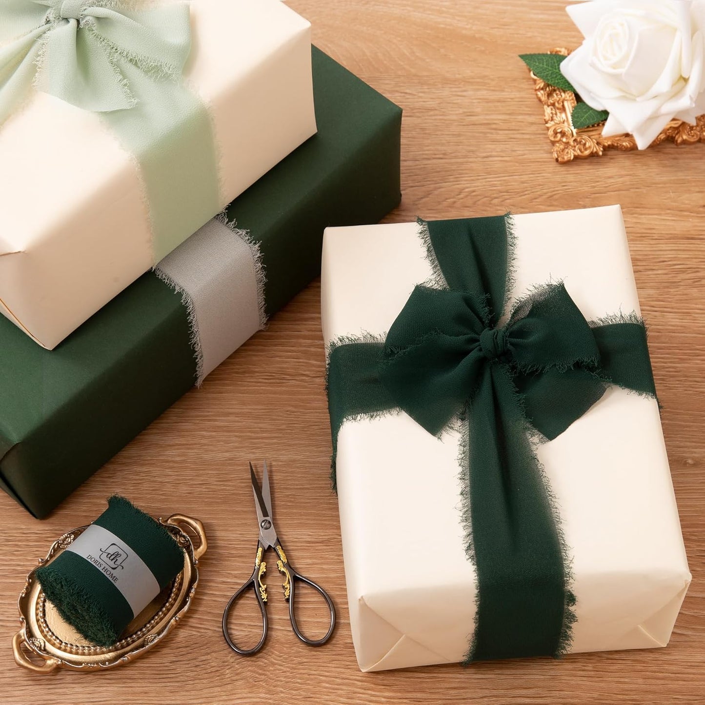 DORIS HOME 2" x21Yd Chiffon Ribbon for Flower Bouquet, Green & Cream Fabric Ribbon for Gift Wrapping, Handmade Frayed Ribbon for Wedding/Christmas Decorations