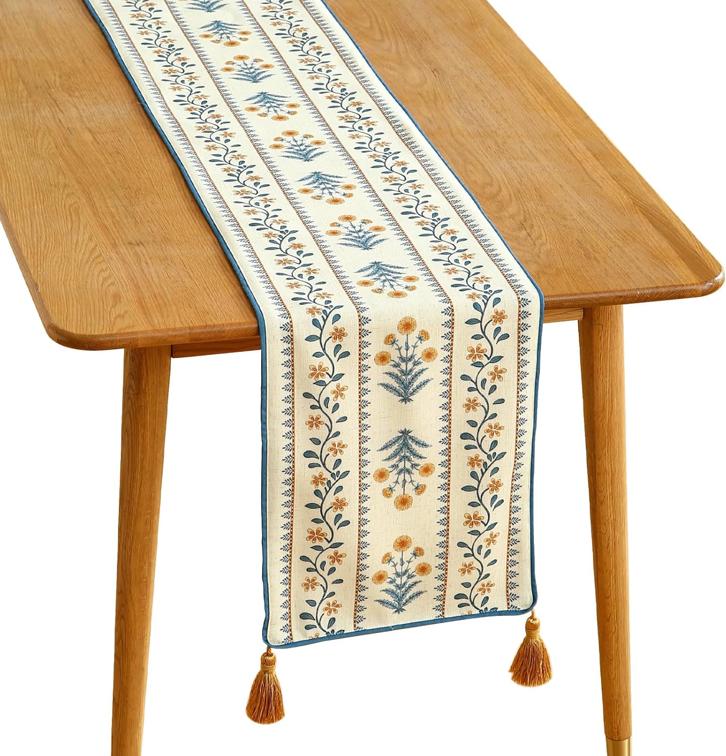 ISAENNE Designer Pale Yellow Elegant Linen Table Runner 87 Inches Long,French Floral Pattern Elegant Table Runners for Dining Tables,Thanksgiving,Kitchen Tables,Christmas,12"*87"-Estevan A