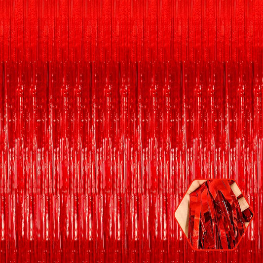 3 Pack Red Foil Fringe Curtain Backdrop, 3.28Ft x 8.2Ft Metallic Tinsel Foil Fringe Streamer Curtains for Photo Booth, Christmas Day, Thanksgiving, Wedding, New Year Party Decorations