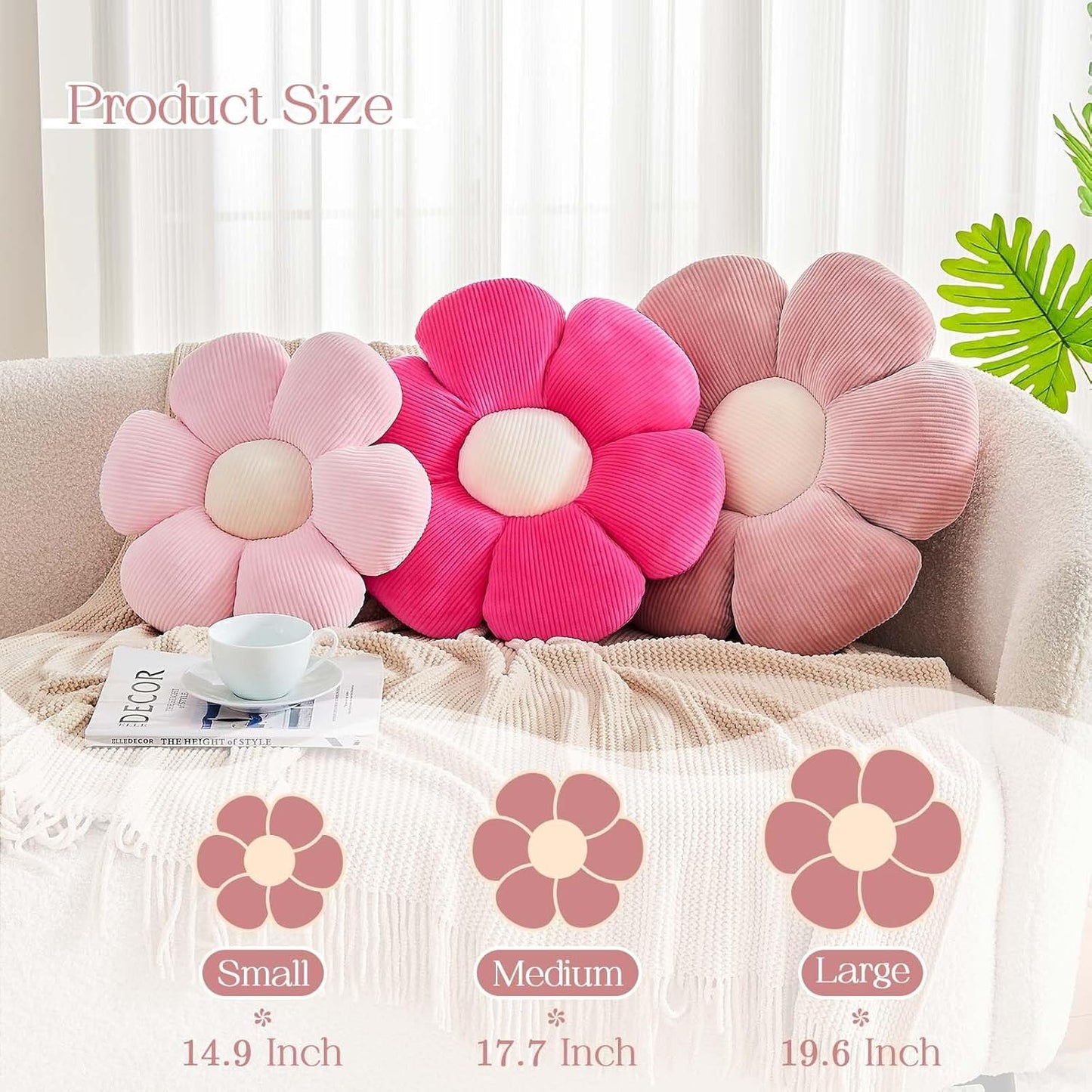 Dusty Pink Flower Pillow, 19.6" Cute Flower Shaped Floor Pillow, Aesthetic Floral Plush Daisy Decorative Throw Pillows for Bed Sofa Couch