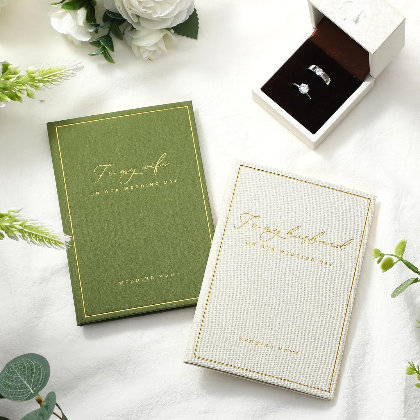 Engrowtic 2 Pcs Wedding Vow Books His and Her to Husband Wife Wedding Must Have Registry Ideas Gold Foil Lined Page Premium Engagement Gift for Guest Groom Newly Engaged Couple(Green-white)