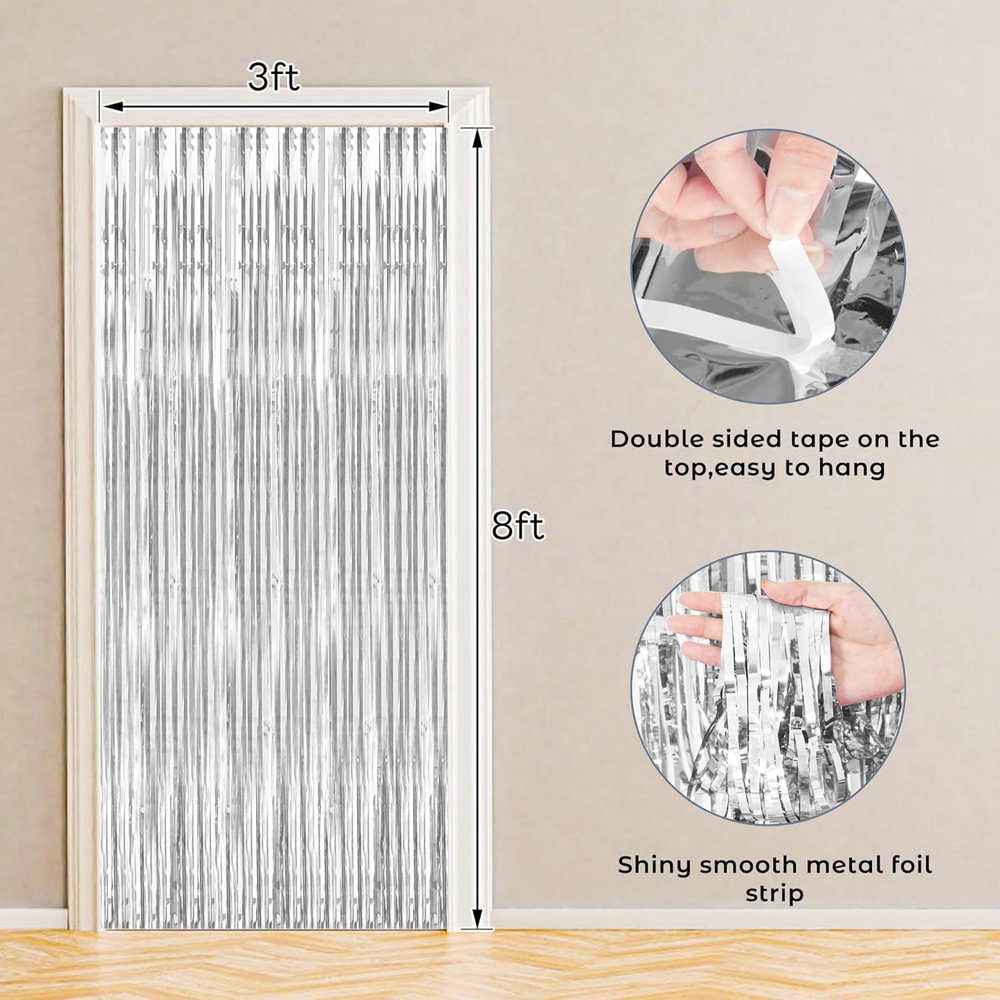 BTSD-home 10 Pack Silver Foil Fringe Curtain, Metallic Photo Booth Backdrop Tinsel Door Curtains for Wedding Birthday Bridal Shower Baby Shower Bachelorette Christmas Party Decorations(8ft x 3ft)