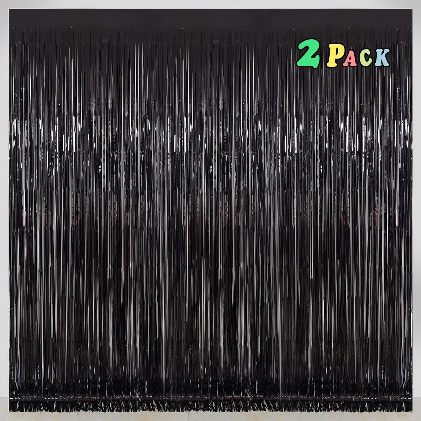 Halloween Party Decorations Indoor for Adults, Melsan 3.2 x 8 ft Black Streamer Tinsel Photo Backdrop for Birthday, Graduations, Fiesta, Halloween Decorations - Pack of 2
