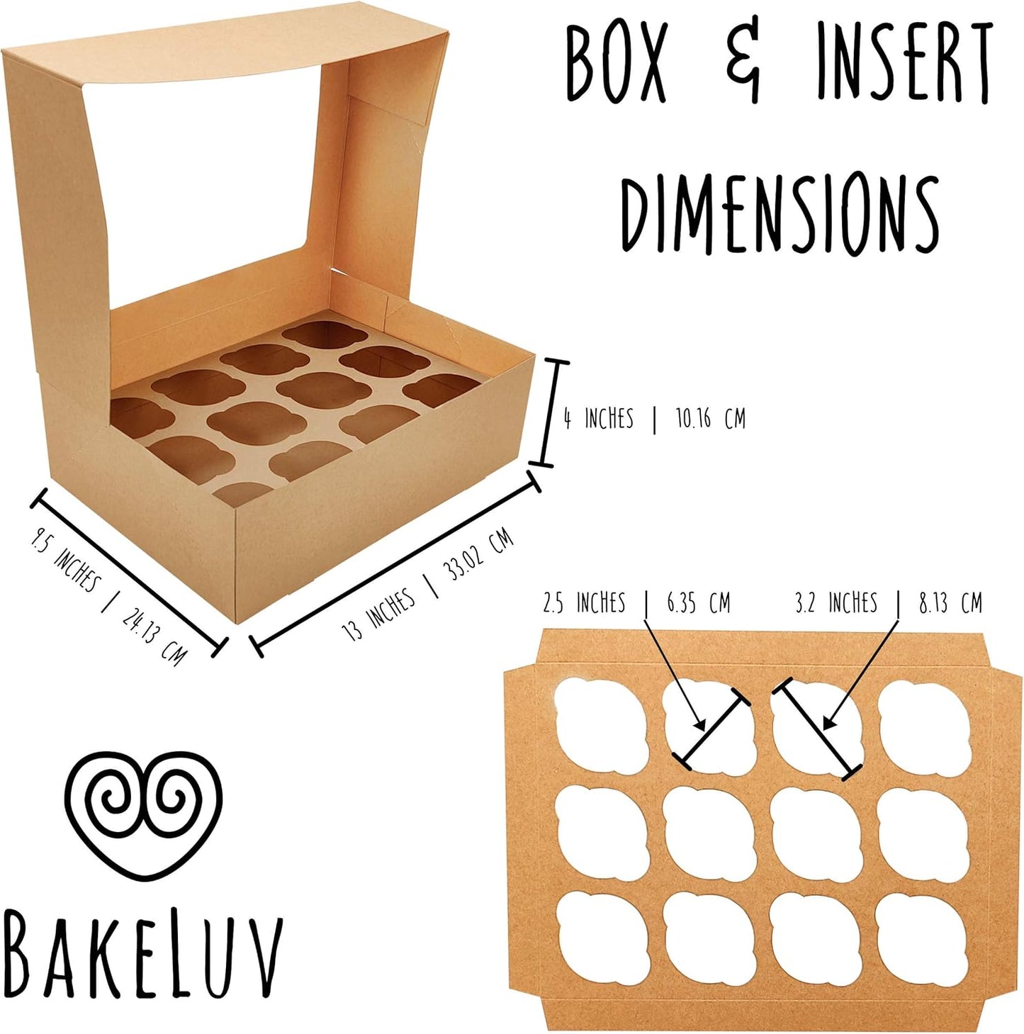 BAKELUV Brown 12 Cupcake Boxes, Cupcake Containers | 13x9.5x4, 50 Pack