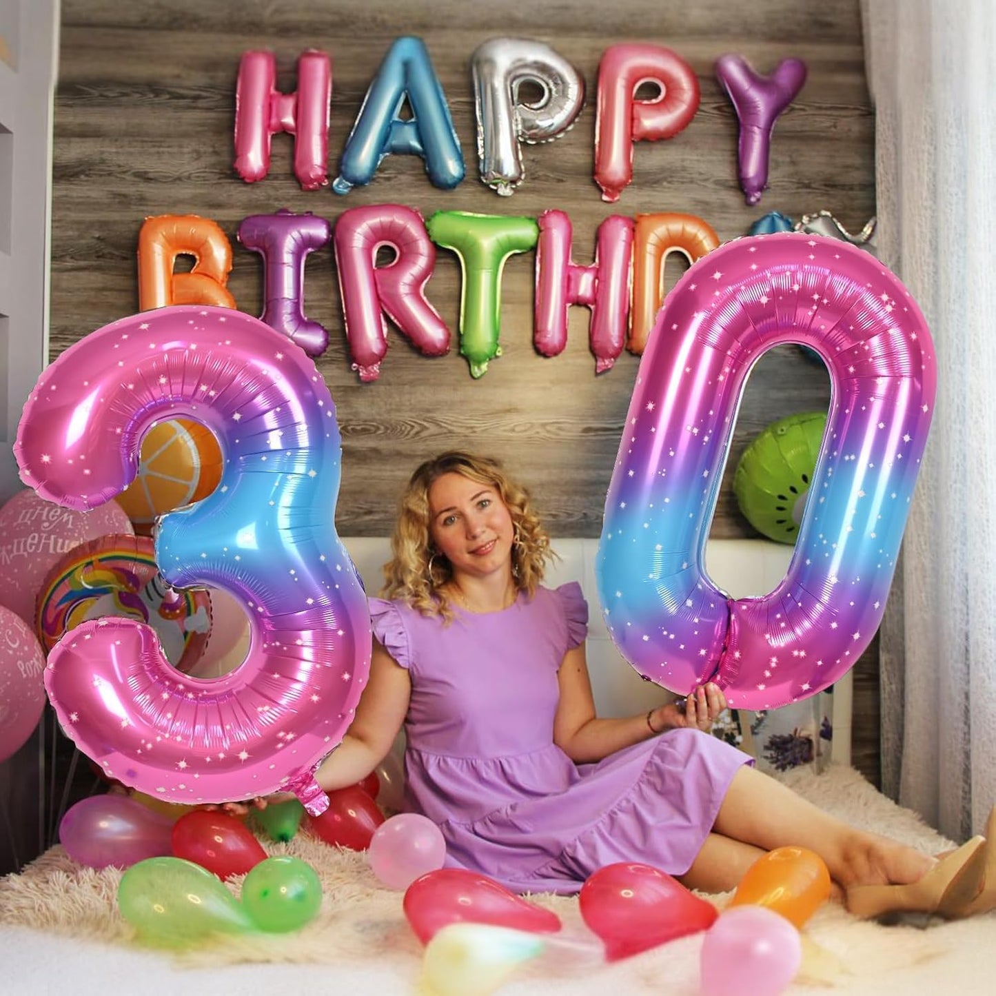40 Inch Rainbow Large Numbers Balloons 3, Self Inflating Gradient Blue Pink Purple Digit 3 Helium Balloons for 3rd Girls, Starry Foil Mylar Number Balloons 0-9 for Women Birthday Party Decorations
