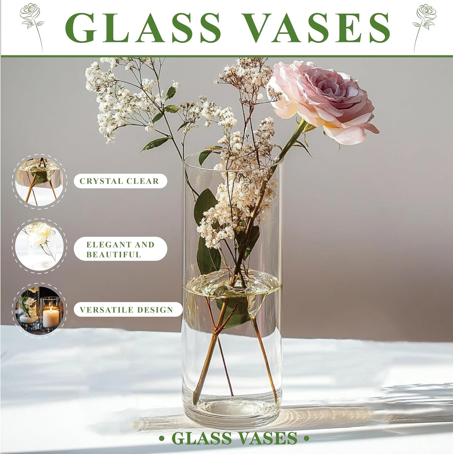 Clear Glass Vase for Centerpieces, 4,6,7.5,8,10 inch Tall Set of 5 Cylinder Flower Vase Bulk Floating Candle Holder for Wedding Table Home Décor and Party