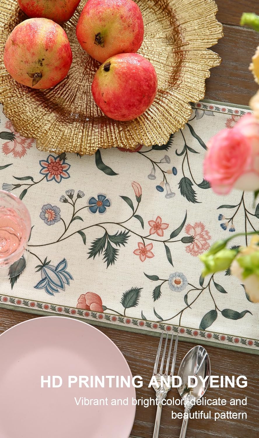 ISAENNE Designer Chinoiserie Elegant Linen Floral Table Runner 102 Inches Long,White Wrinkle Resistant Table Runners for Dining Tables,Thanksgiving,Kitchen Tables,Christmas,12"*102"-Daffy A