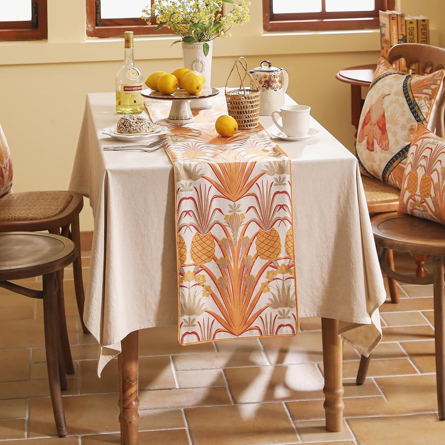 patdrea Designer Tropical Linen Table Runner 87 Inch Long, Yellow Vintage Elegant with Pineapple Pattern Table Mat,Decoration for Kitchen Dining Coffee Table Cover Banquet Christmas , 12"*87"