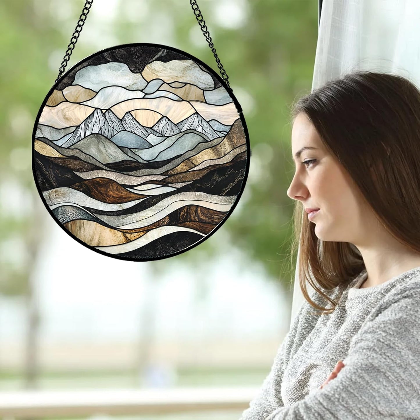 Stained Glass Window Hanging - Grey Mountains Landscape Suncatcher for Doors Garden Patio Retro Sun Catchers Decor Christmas Mother's Day Birthday Gifts for Women Men Mom Nana Friend 6.3 in