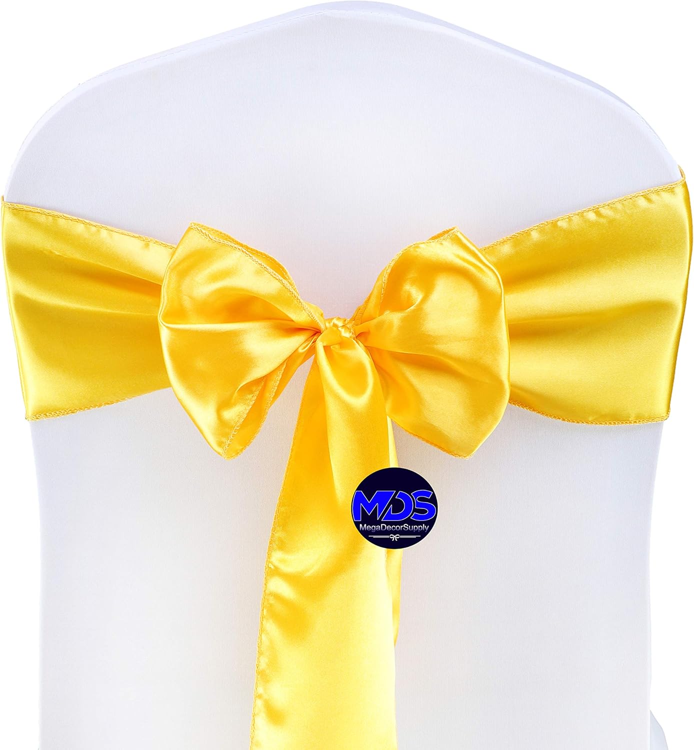 MDS Pack of 50 PCS Satin Chair Sashes Charmeuse Sateen Dining Chair Bows Ribbon Ties Back Sash for Wedding Party Birthday Home Hotel Restaurant Banquet Decoration (7 x 108 Inch, Yellow Gold)