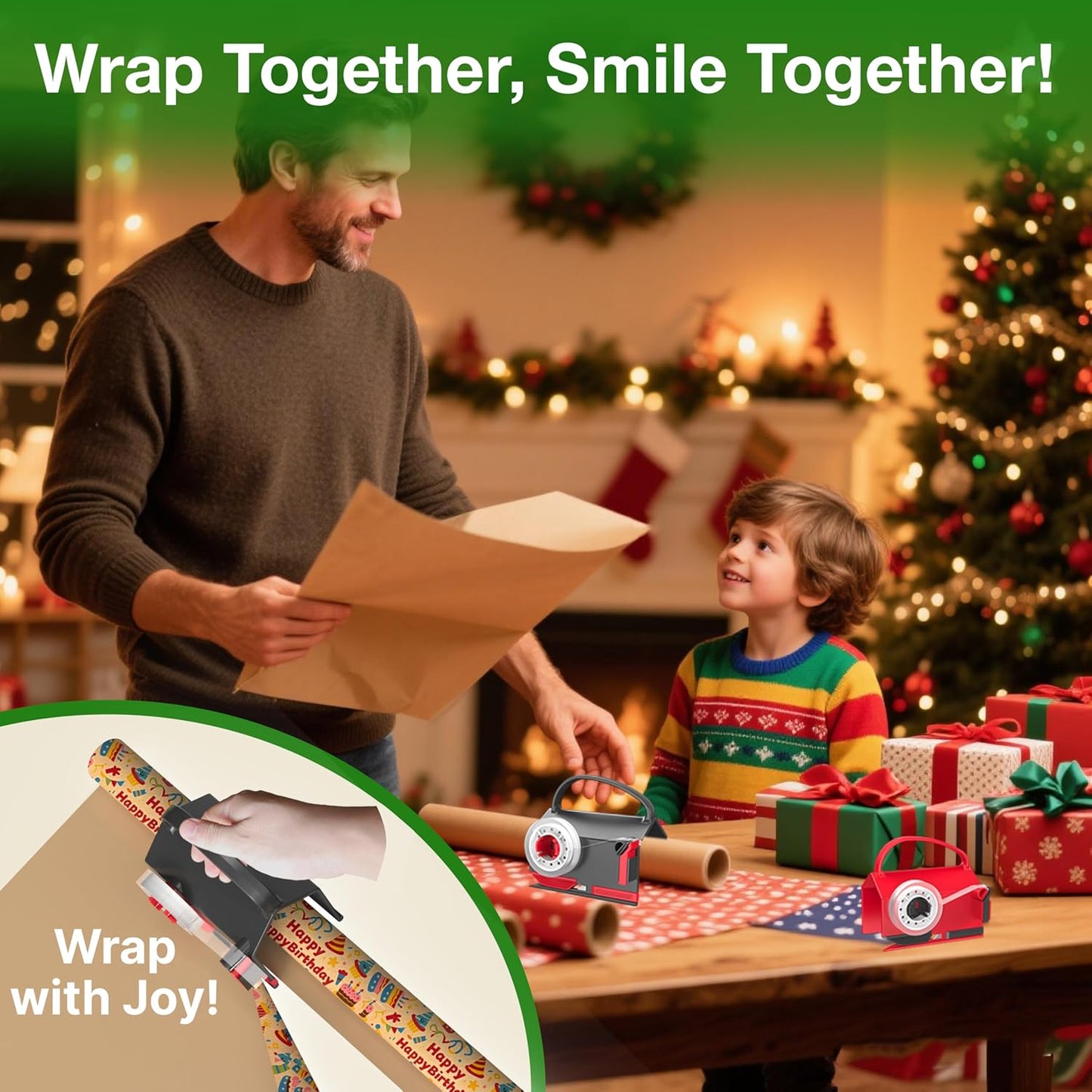 (2-Pack) Wrapping Paper Cutter & Tape Dispenser Dual Use with 4 Tapes，2 Replace Blades Kit for Christmas Gift Wrap Cutter Tool Paper Roll Holder Tube Sliding Slicing for Birthday Holiday.
