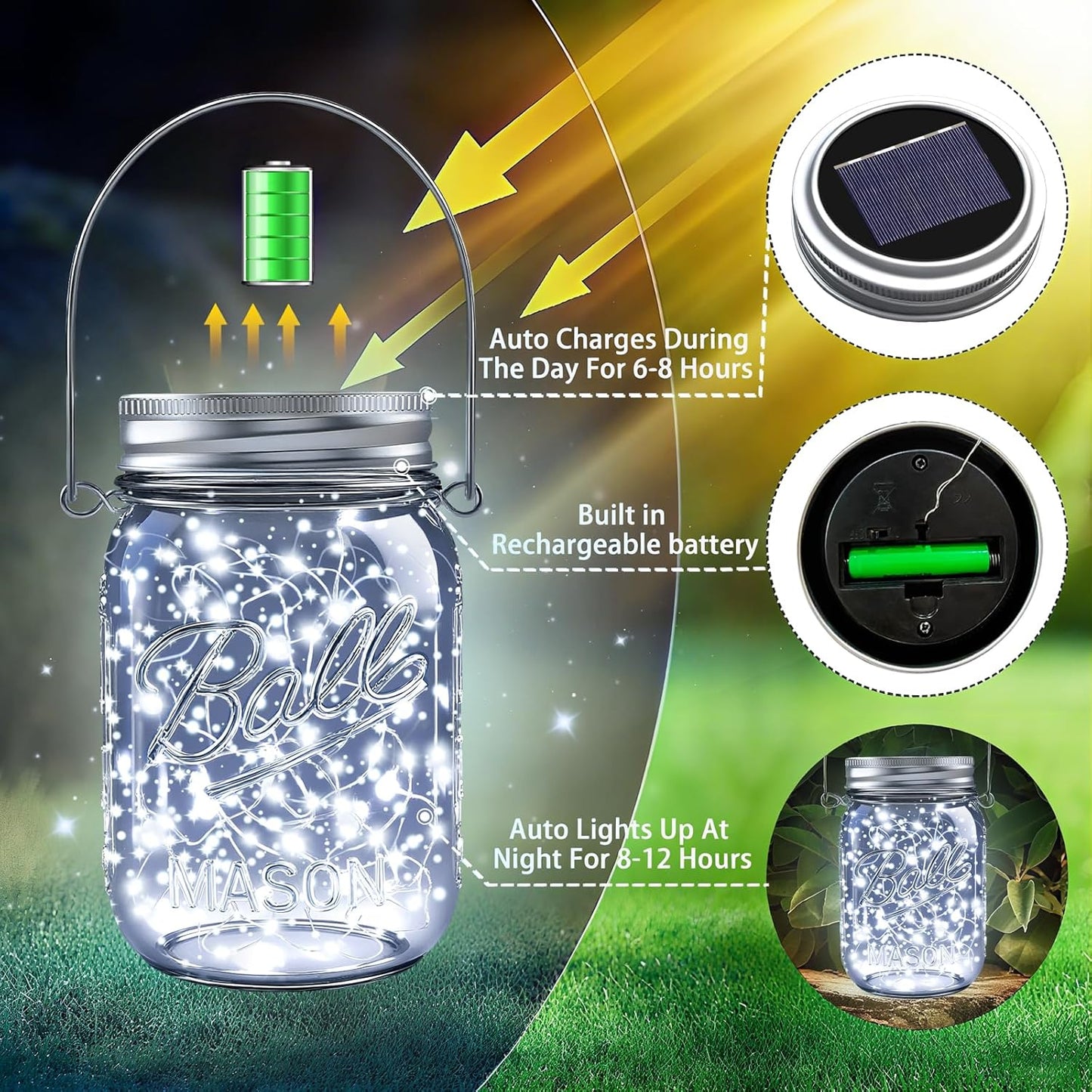 ZNYCYE Mason Jar Solar Lights for Outside, 12 Pack 30LED Fairy Lights Mason Jar Solar Lids Outdoor Waterproof String Lights with Hangers(NO Jars) for Patio Garden Yard Lawn Decoration - Cool White