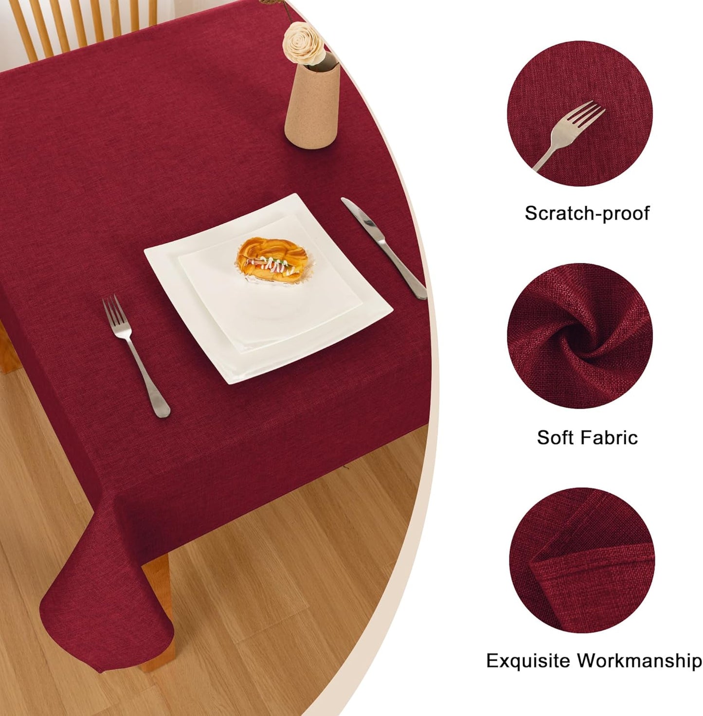 Hiasan Faux Linen Rectangle Tablecloth - Wrinkle and Stain Resistant Washable Table Cloth for Kitchen Dining Room Holiday Table Cover for Dinner, Red, 54 x 80 Inch