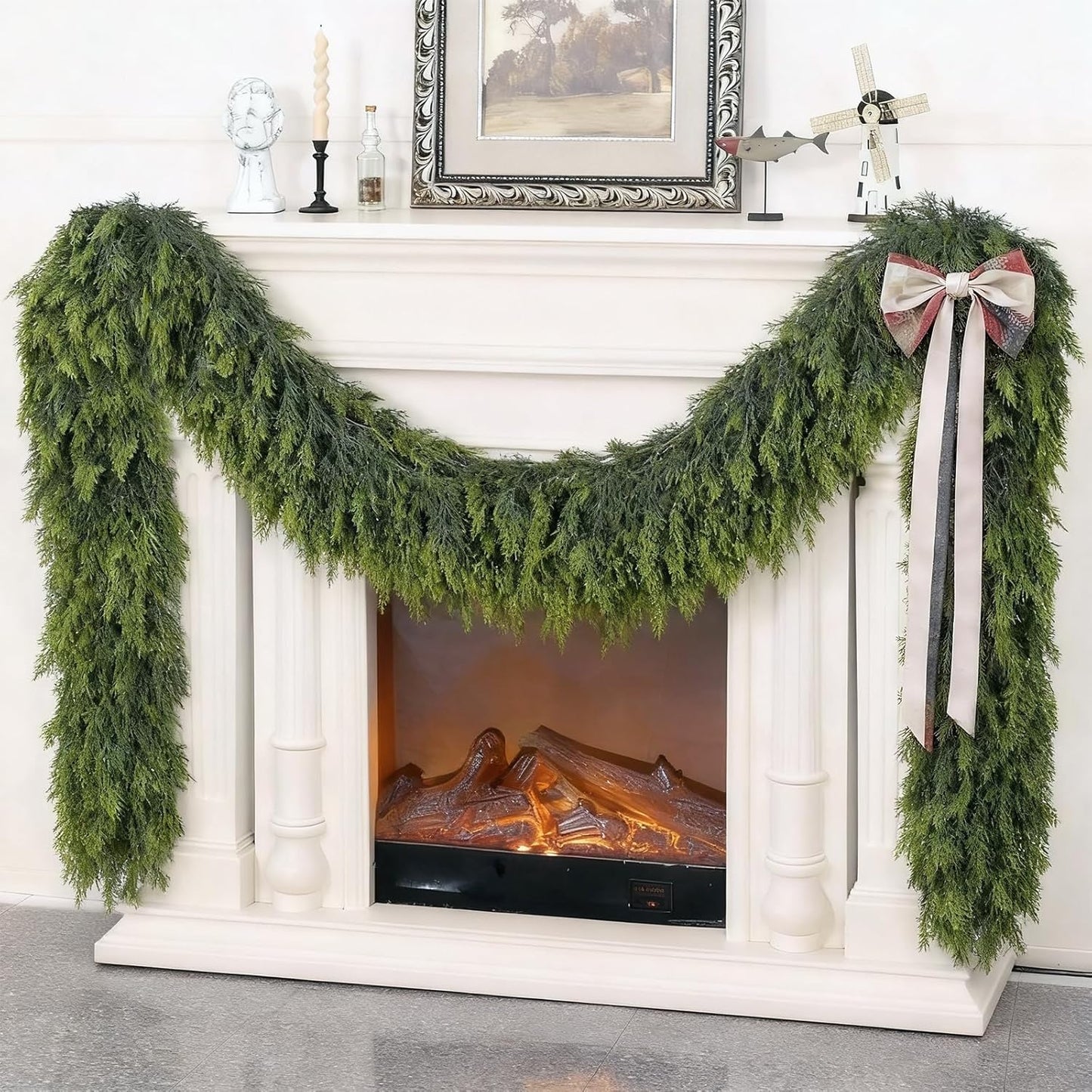9FT Real Touch Cedar Garland - Artificial Christmas Garland Fake Green Faux Thick and Lush Pine Needles Garlands for Table Fireplace Mantle Holiday Home Indoor Outdoor Decor (2PCS)