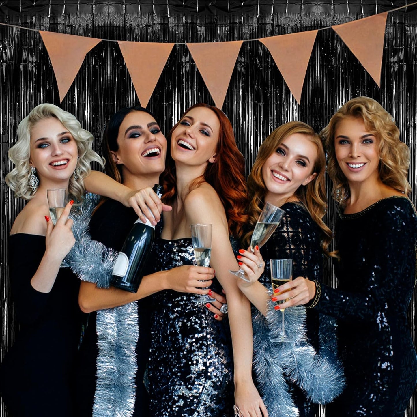 5 Pack Black Party Streamers Backdrop Tinsel Foil Fringe Curtains Halloween & Birthday Party Decorations