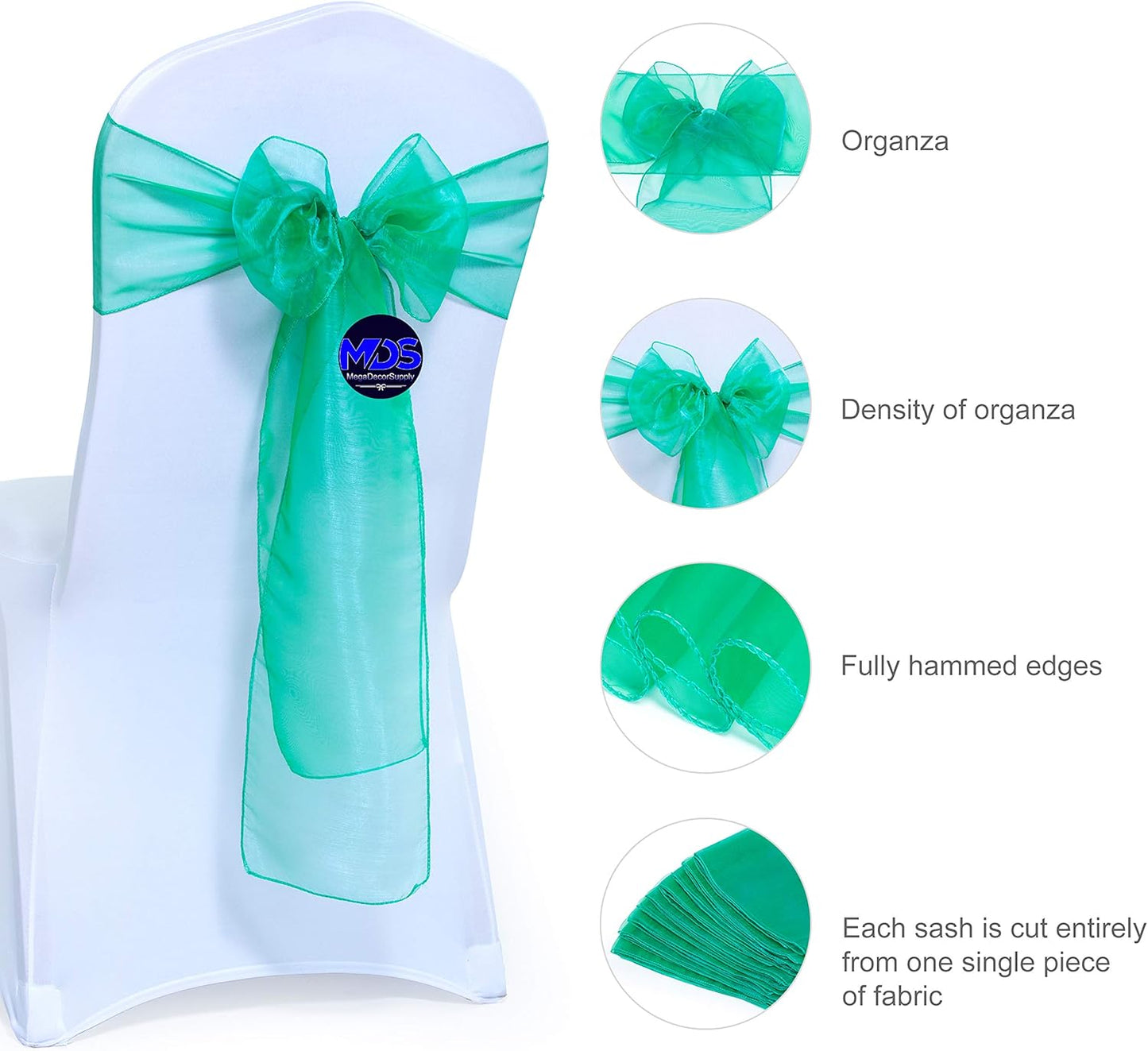 MDS Pack of 200 PCS Organza Chair Sashes Wider Dining Chair Bows Ribbon Tie Back for Wedding Party Birthday Bridal Shower Reception Event Banquet Home Chair Cover Decoration - Green