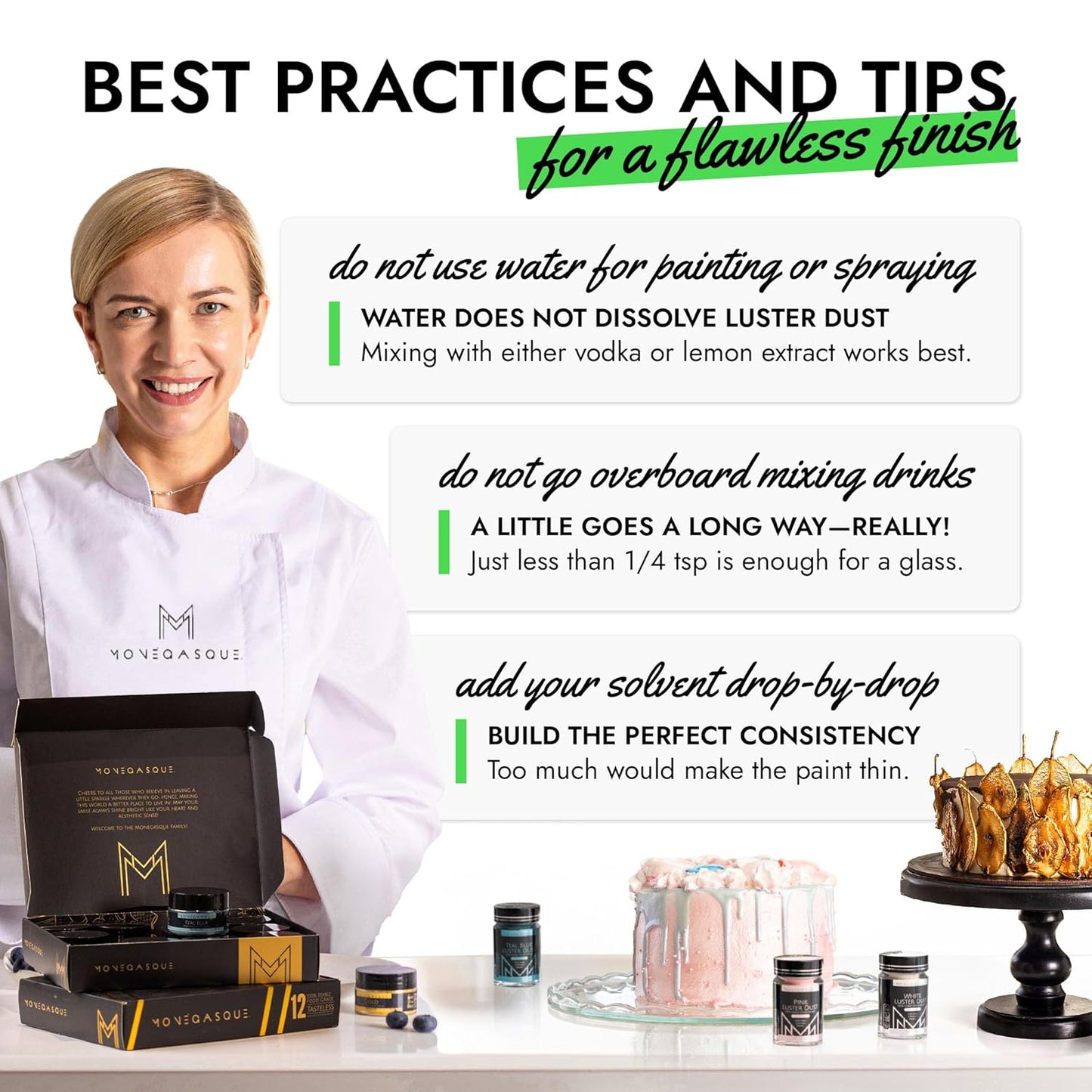 MONÉGASQUE Green Edible Glitter for Drinks 7g – Edible Glitter for Cakes & Cocktails – Green Luster Dust for Drinks – Halloween Drink & Cake Decorations Dust Powder Spray – Cocktail & Drink Shimmer