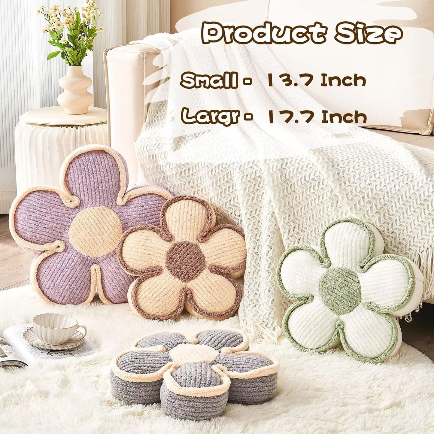 Soft Flower Shaped Floor Cushion, Decorative Throw Pillow, Seating Cushion, Room Decor Plush Pillows for Sofa Couch Bed (17.7 Inch, Ivory)