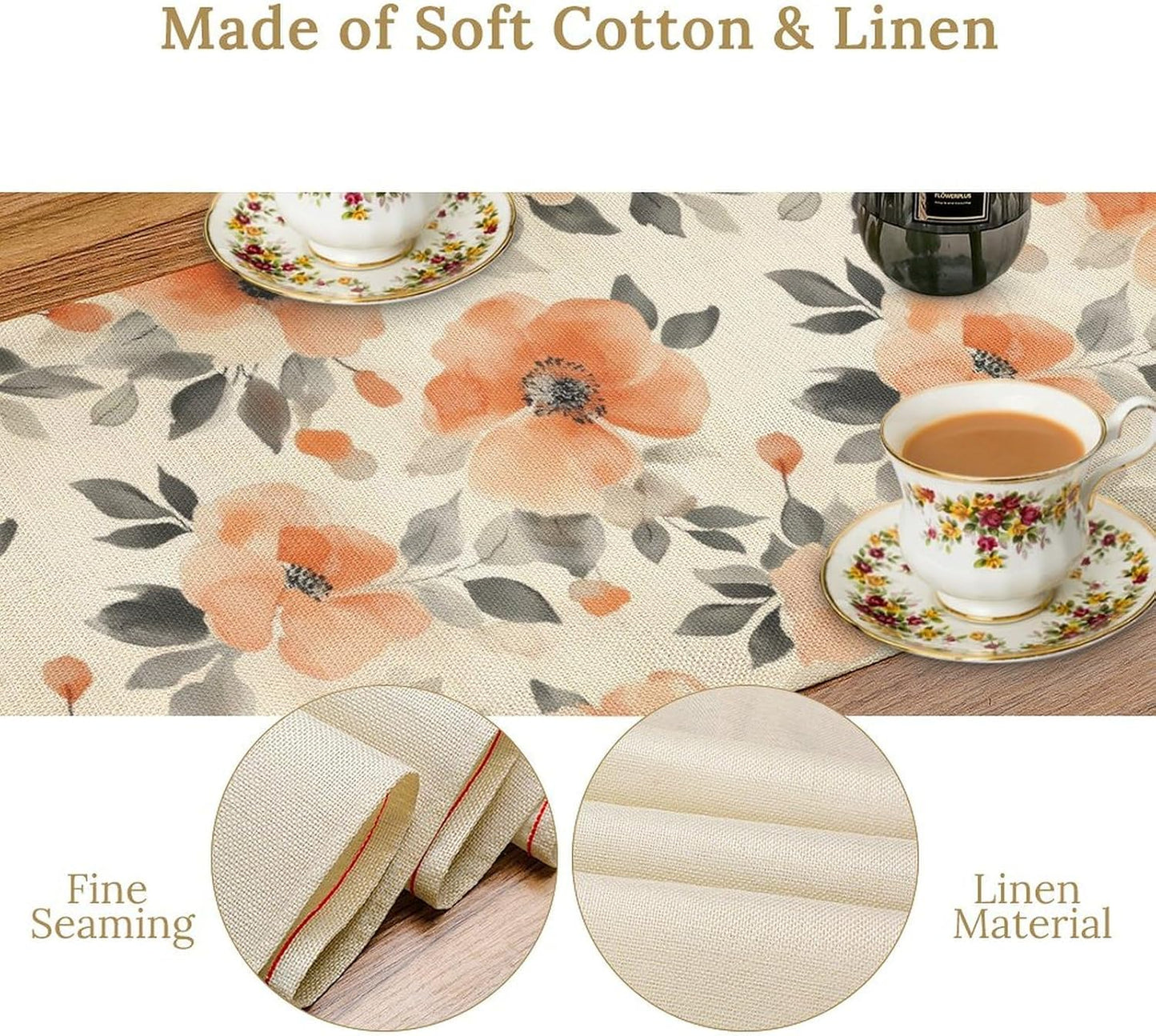 Floral Fall Table Runner, Rustic Watercolor Orange Flowers Seasonal Summer Autumn Table Runner for Kitchen Dinning Table Runner Decor Home Wedding Party Holiday, 13x60 Inch