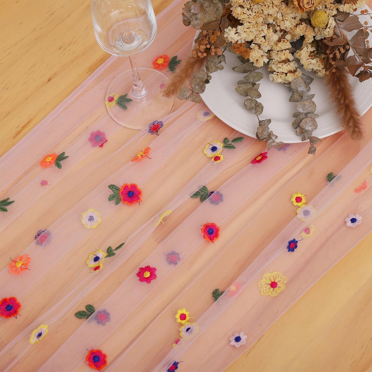 BINBE 12pcs Daisy Fall Table Runner Embroidery Gauze 10FT Florals Seasonal Tulle Holiday Birthday Kitchen Dining Table Decor for Home Party Pink