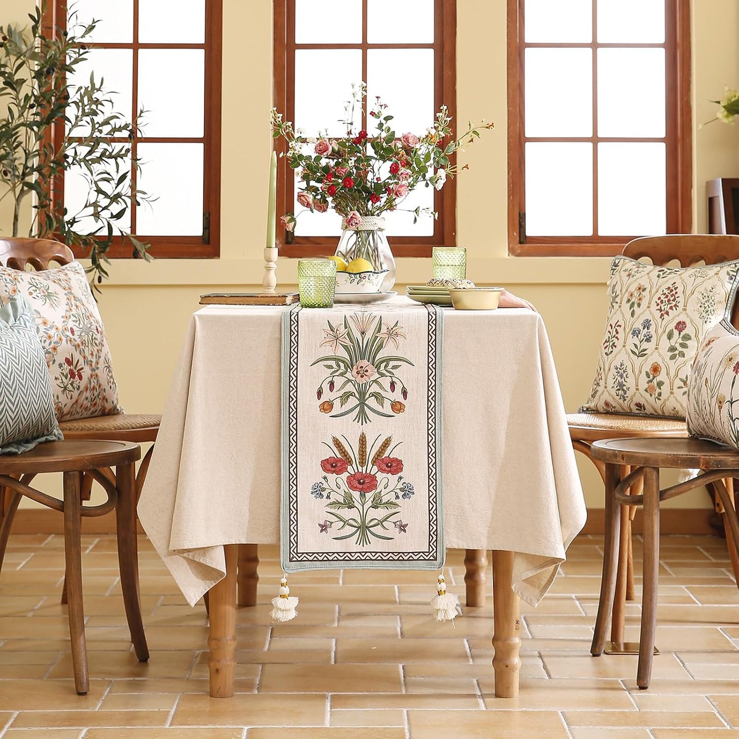 ISAENNE Designer French Country Linen Table Runner 102 Inches Long,Elegant Colorful Floral Pattern Table Runners for Dining Tables,Thanksgiving,Christmas,Kitchen Decor,12"*102"-Serenity F