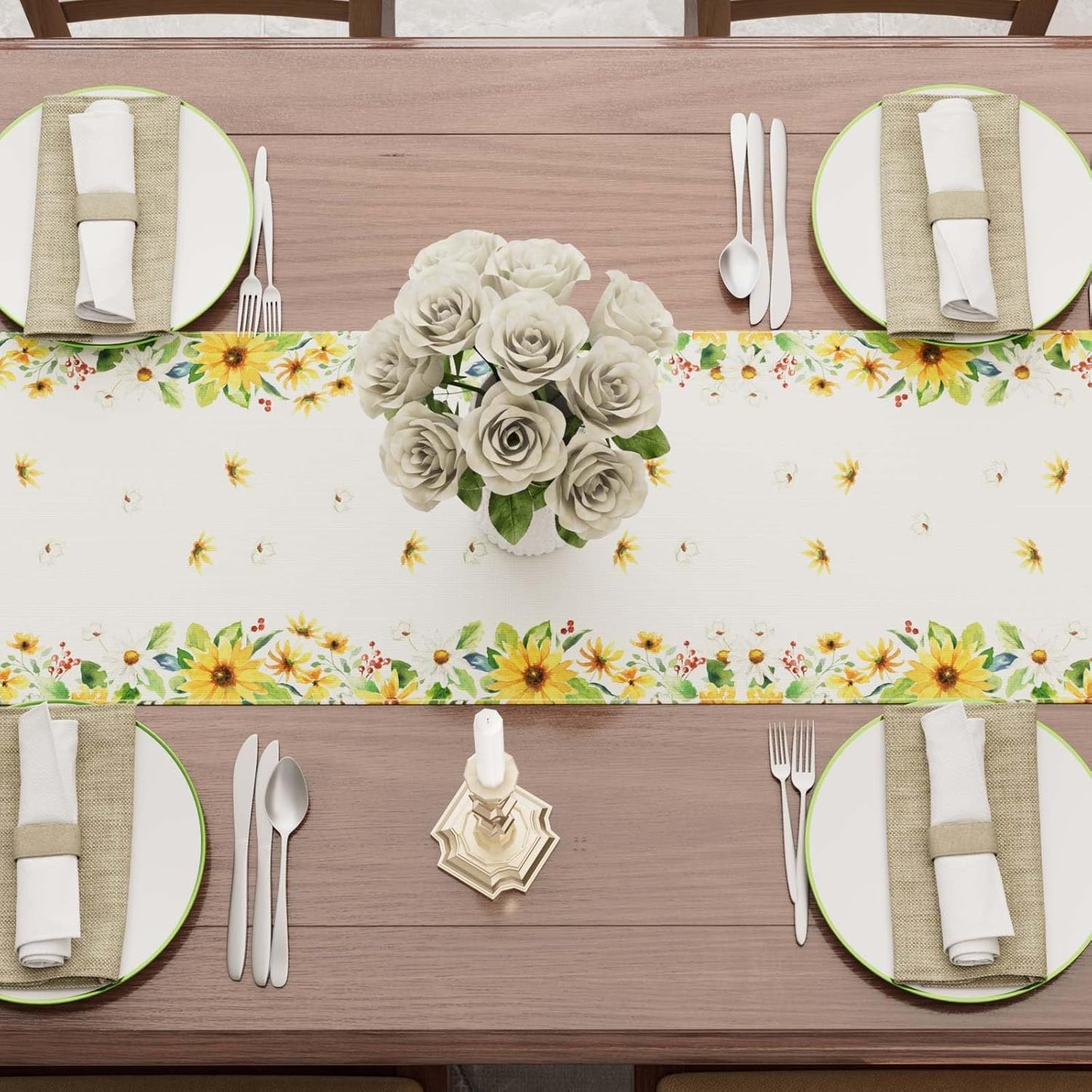 XCHI Yellow White Daisies Flowers Gnomes Spring Table Runner Burlap Table Decoration for Summer Seasonal Home Kitchen Dining Dinner Indoor Holiday Farmhouse Decor 13x120 Inch