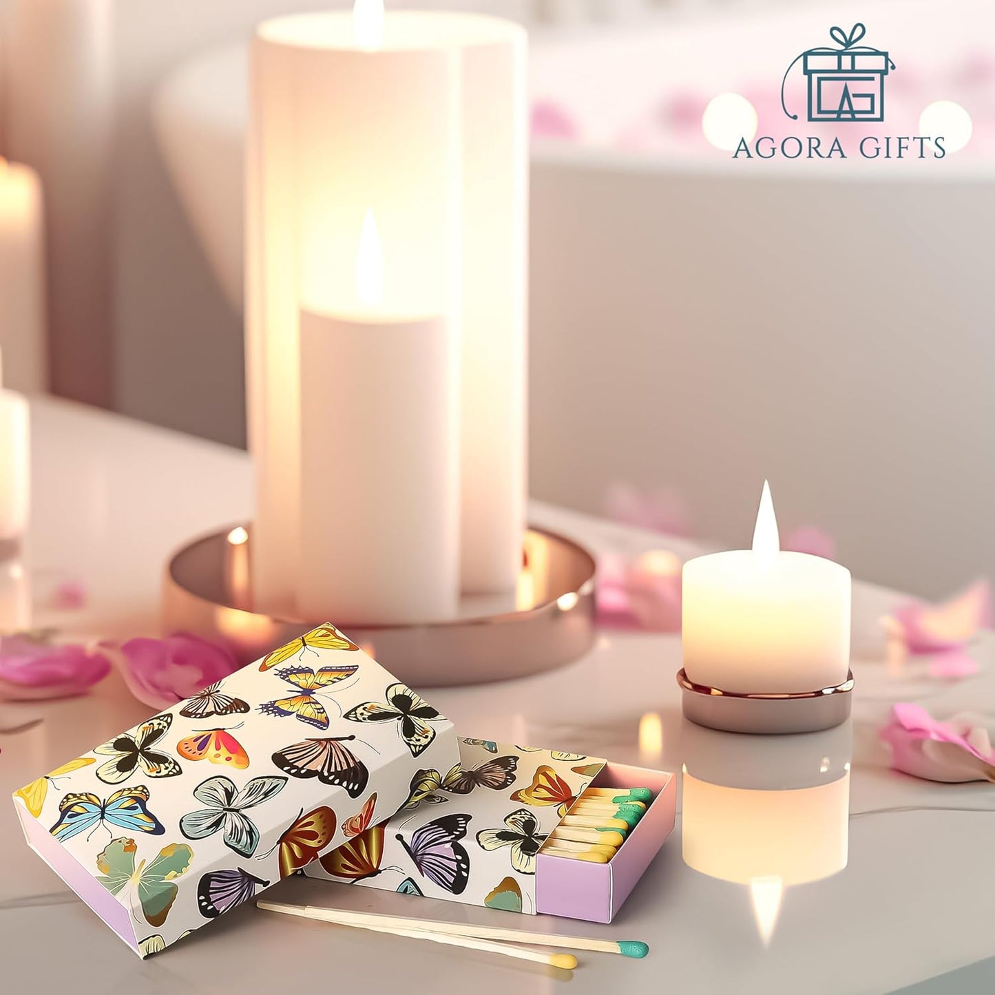 Decorative Matches Box -4-Inch Long Matches for Candles with Strike - Wooden Colorful Candle Sticks with Rainbow Tips - 50 Pc Match Sticks - Matchbox Designs of Your Choice (6 Unique Box Designs)