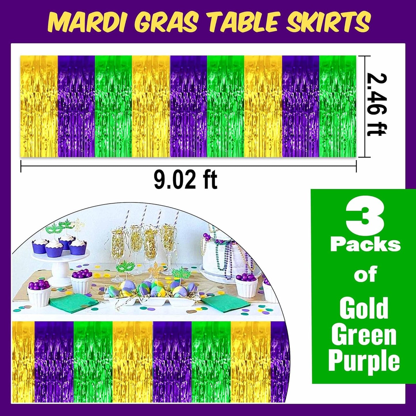 3 Pack Gold Green Purple Foil Fringe Table Skirts Metallic Tinsel Streamers Garland Banner Backdrop for Table Decor, Parade Float, Birthday, Wedding, Halloween, Christmas Party Decorations(29x108 In)