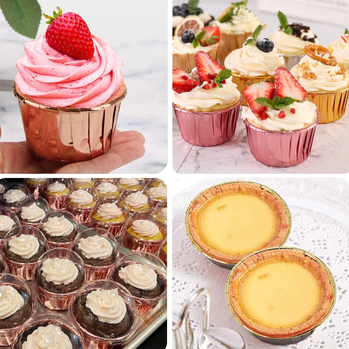 Foil Cupcake Liners with Lids 100Pack,Free-Air 3.5Oz Mini Muffin Liners Cupcake Baking Cups,Disposable Muffin Tins Cupcake Wrappers for Wedding Birthday Party, with Spoons-Champagne