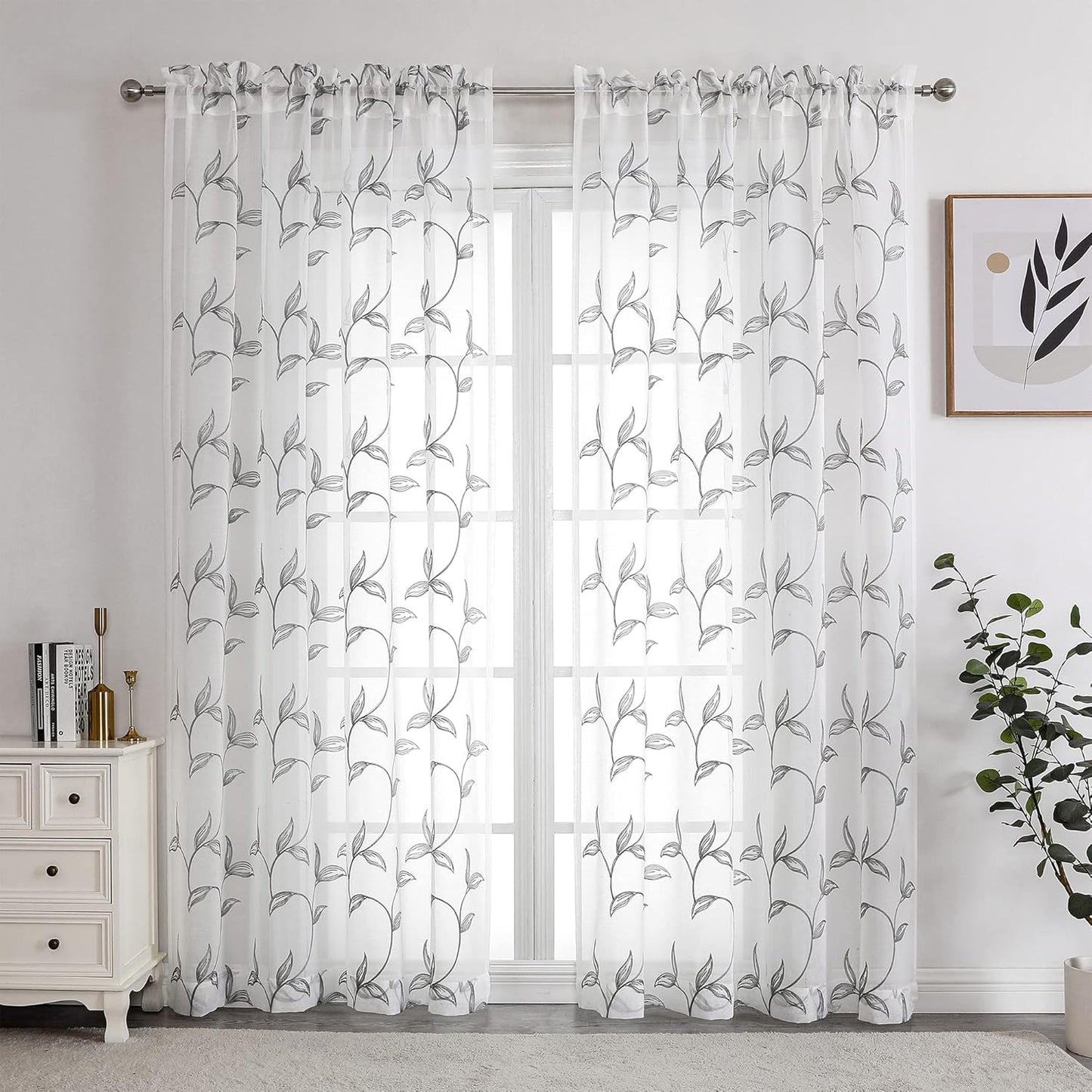 VISIONTEX Sheer Curtains 95 Inch Length 2 Panels, Decor Iron Grey Vine Leaves Embroidery on White Voile Pair, Accent Semi Window Drapes for Kitchen, Living Room and Bedroom, 54" W x 95" L