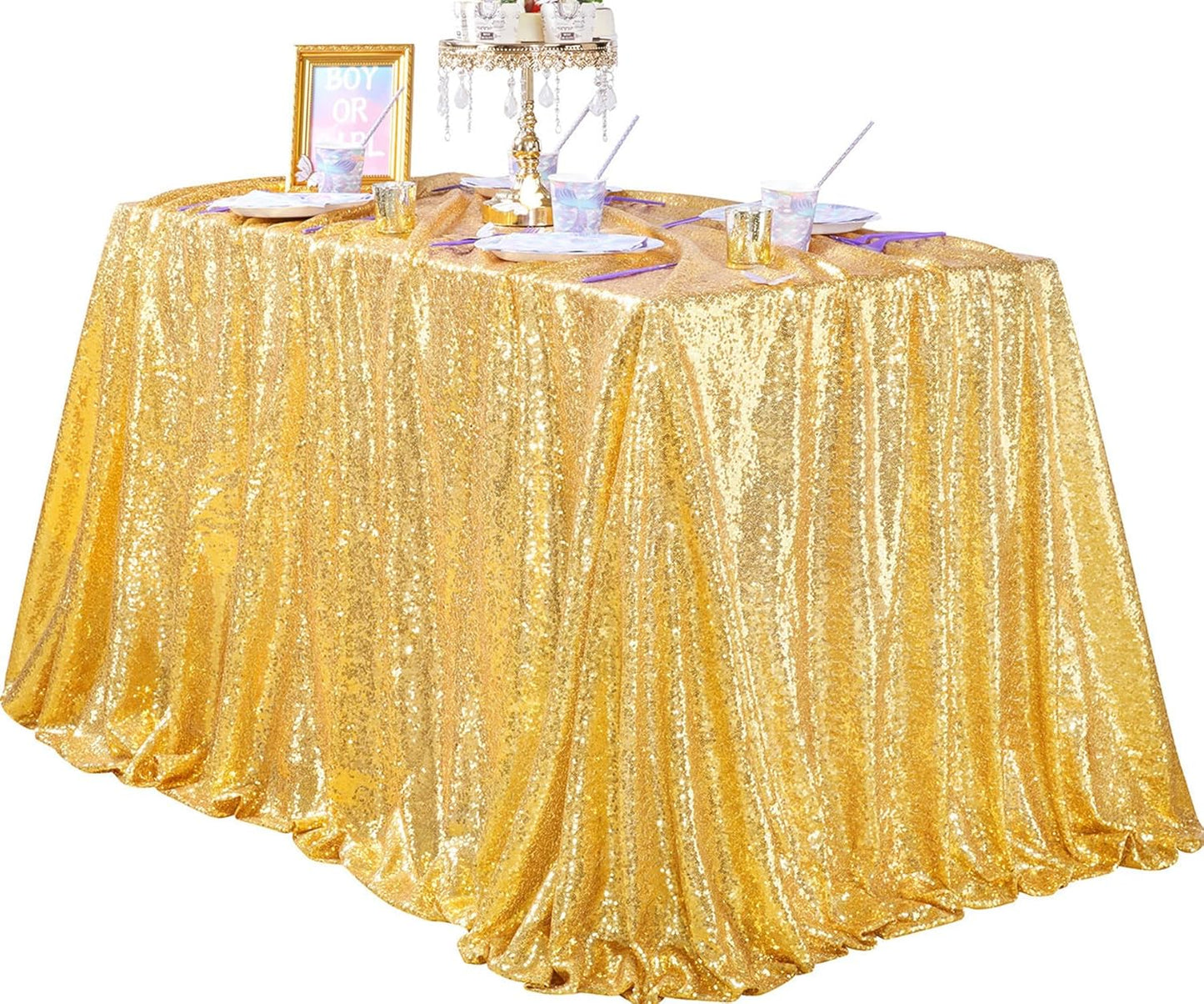 QueenDream 90x132inch Rectangle Sparkly Gold Sequin Tablecloth Wedding Glitter Tablecloth for Birthday Party Decor