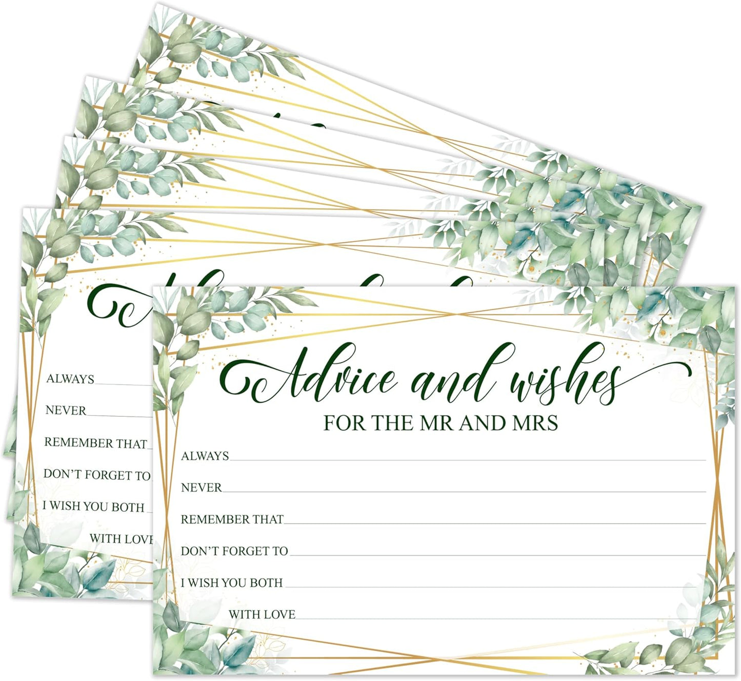 Advice And Wishes Cards For the Mr & Mrs, Gold Foil Greenery Wedding Advice Card For Bride Groom Newlyweds, 25 Wishes Cards for Wedding Bridal Shower Engagement Party, 01