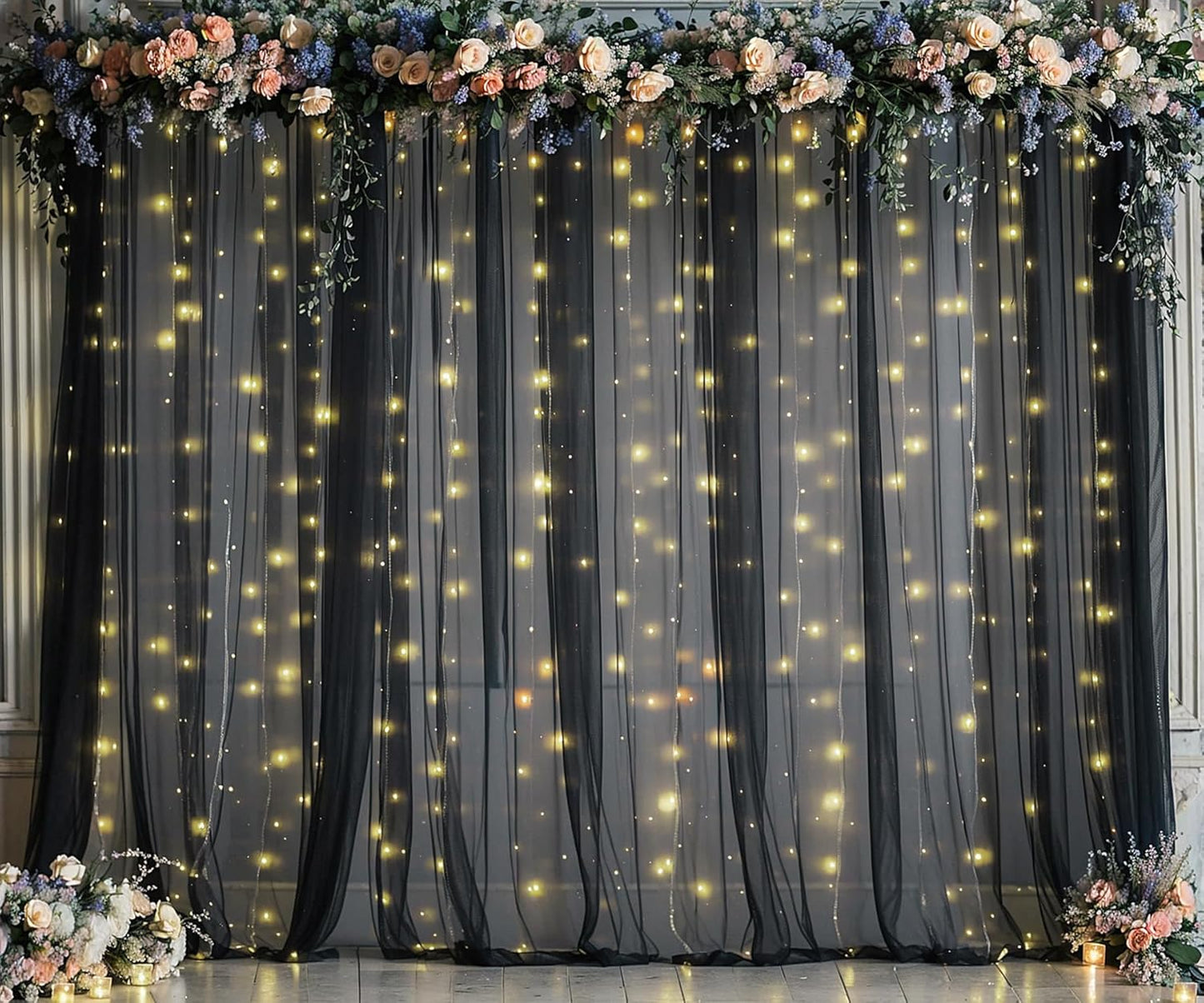 Black Sheer Backdrop Curtains with Lights String for Parties Birthday 10ft × 8ft Black Tulle Backdrop Curtain for Baby Shower Wedding Graduation Halloween Party Photo Shoot Decorations