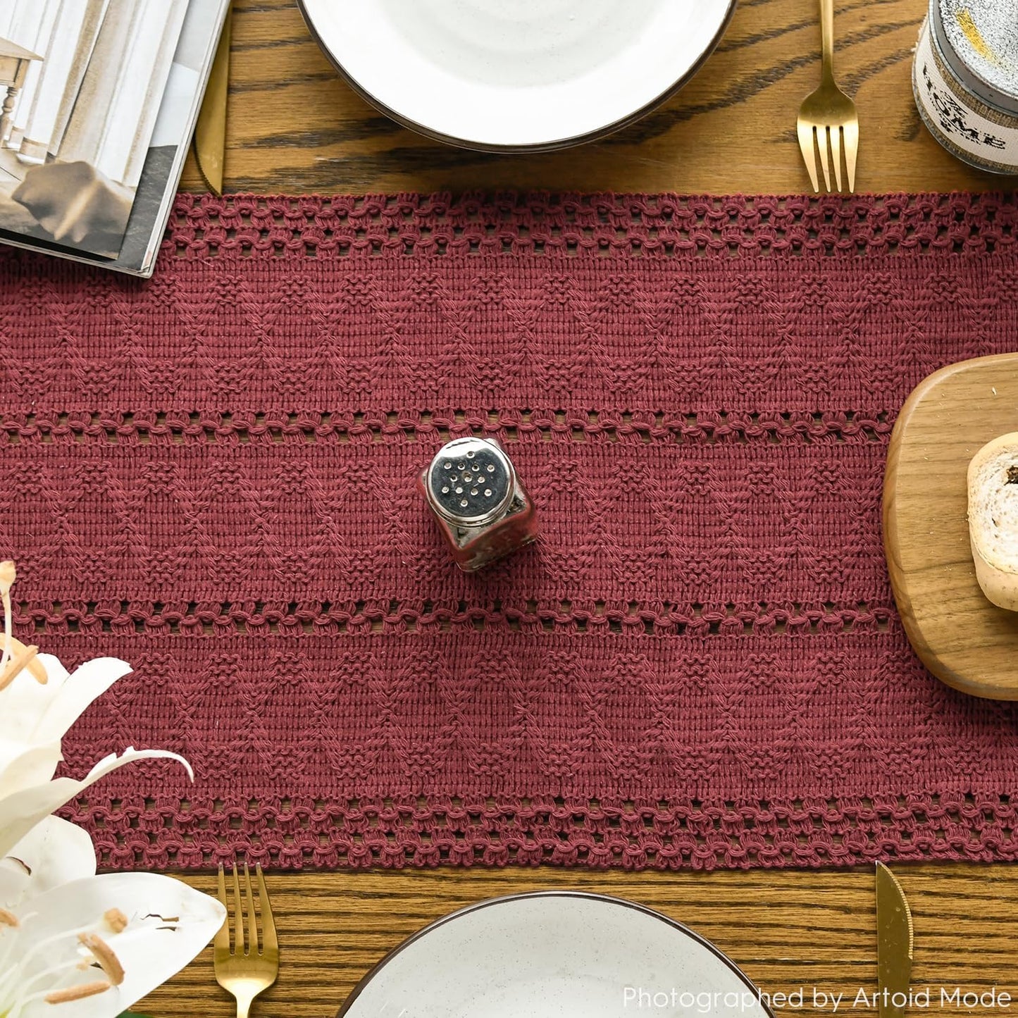 Artoid Mode Red Farmhouse Woven Rustic Hollow Table Runner, Seasonal Holiday Kitchen Dining Table Decoration for Home Party Decor 12x36 Inch
