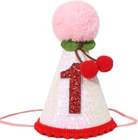 Cherry 1st Birthday Hat - Sweet One Party Decorations, Pink Glitter First Crown for Girls, Fruit Themed Cake Smash, Pink Felt Party Crown