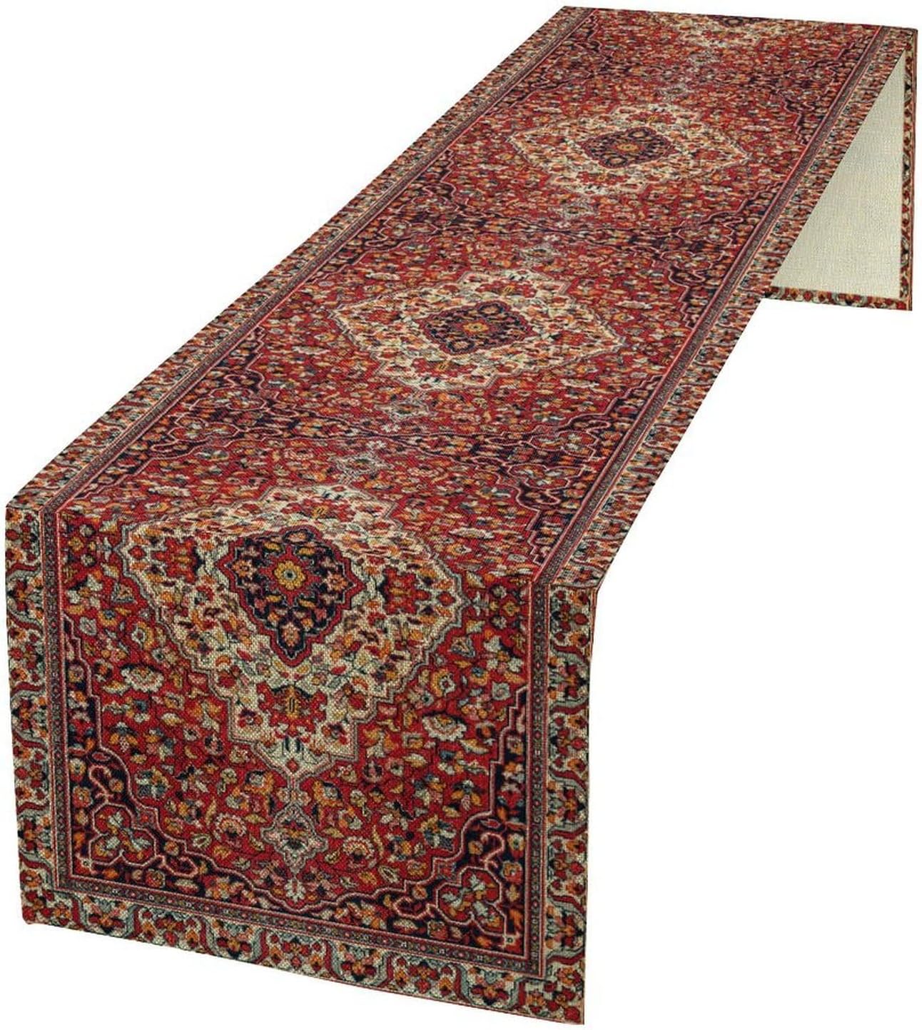 Boho Floral Vintage Table Runner, Paisley Retro Red Flower Rustic Country Farmhouse Abstract Pattern for Home Kitchen Table Decor Dining Coffee Room Party Decor 13x90in