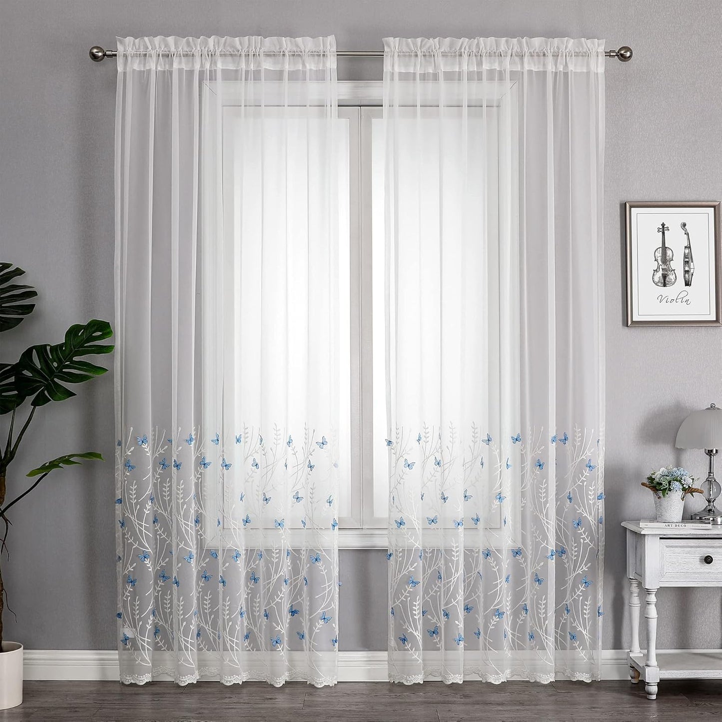 VISIONTEX White Sheer Voile Curtains, Decorative White Embossed Butterflies Rod Pocket Window Drapes for Home Kitchen, Living Room and Bedroom 54 x 84 Inch, Set of 2 Curtain Panels